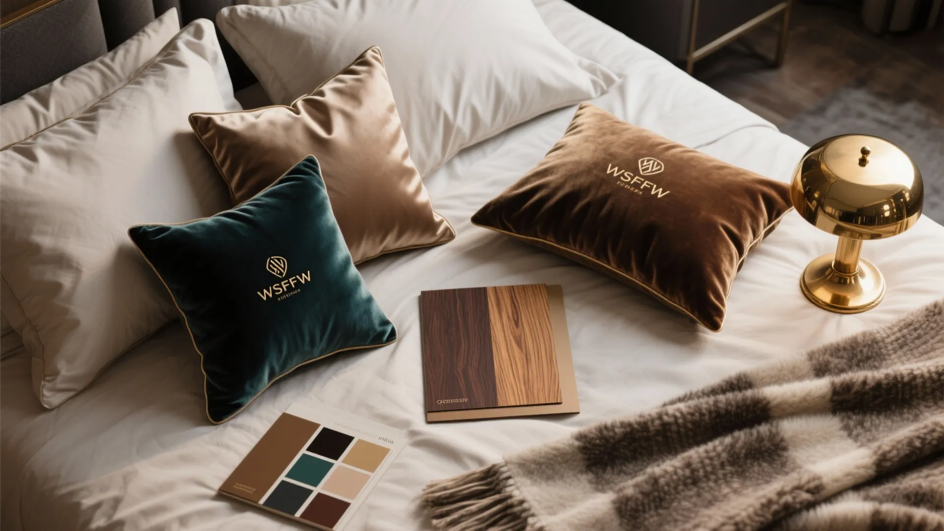 Velvet pillows in teal and brown colors on bed with a gold table light fixture