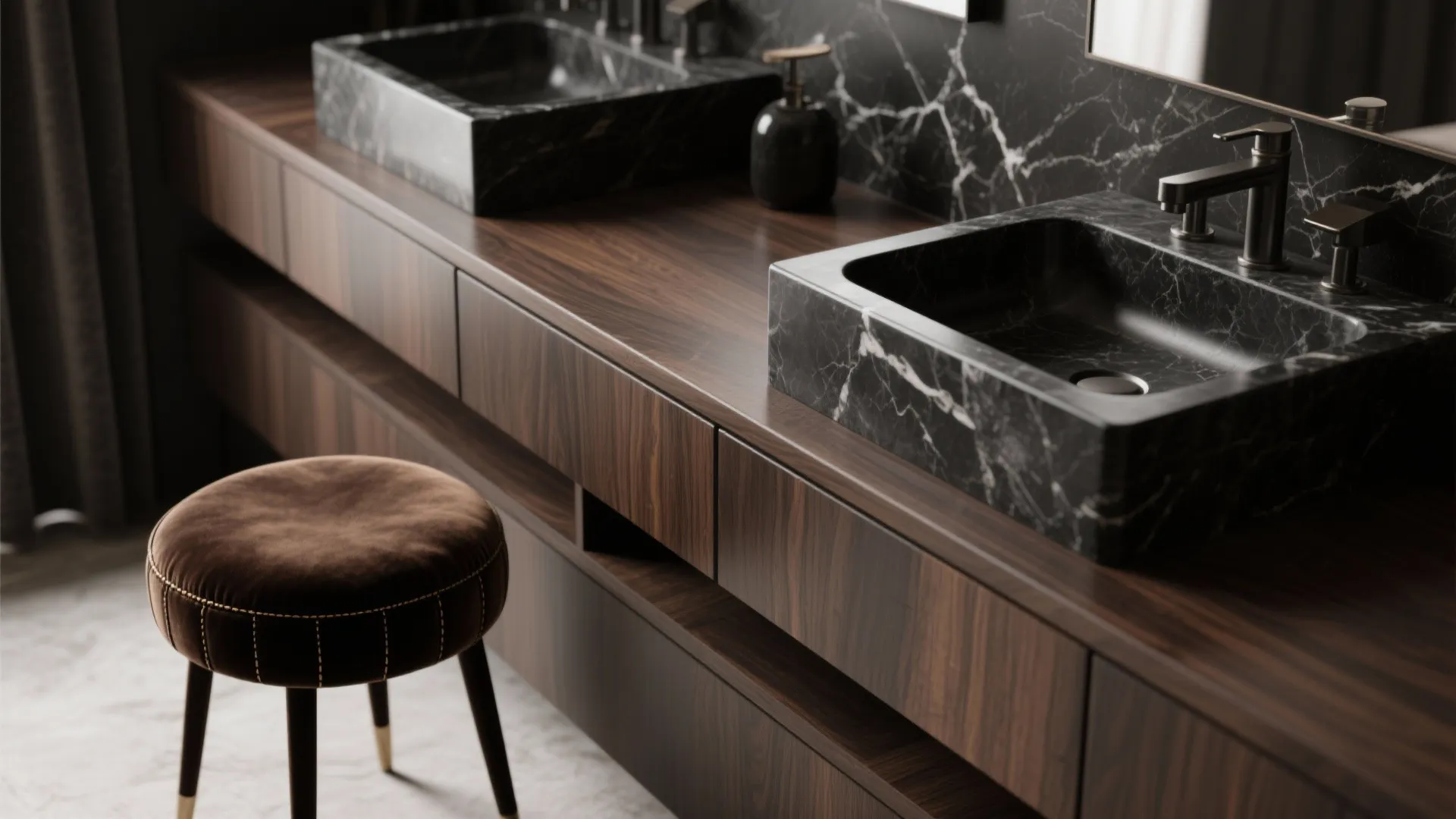 4. Rich Textures: Stone, Dark Wood, and Velvet Touches