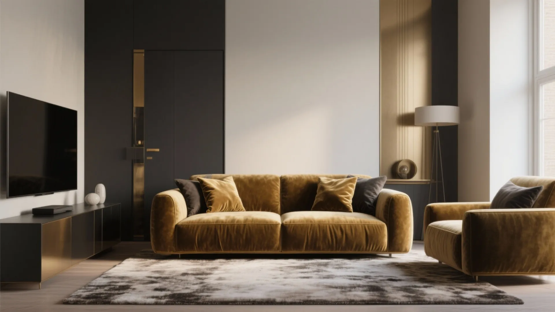 Modern living room with yellow sofa television cabinet floor lamp and minimalist grey and white walls