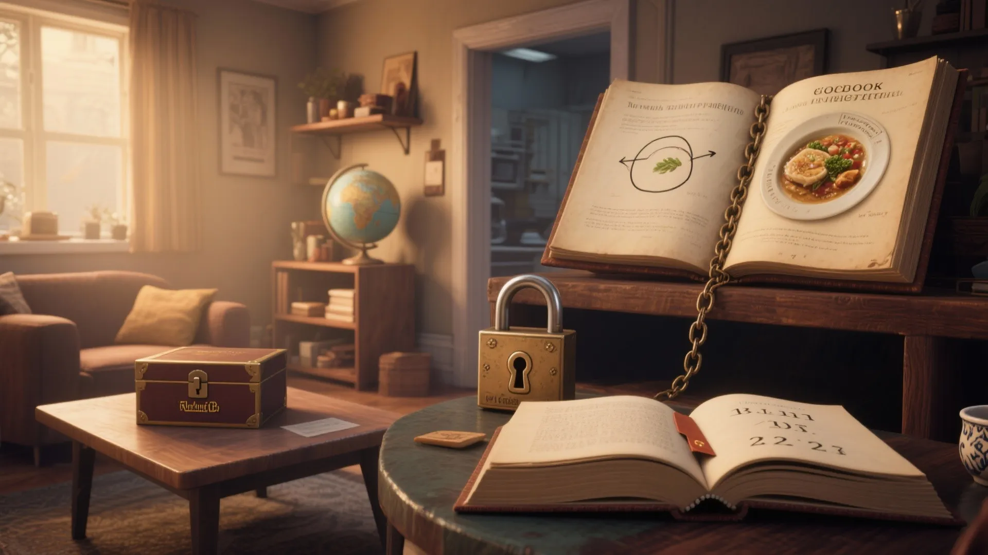 A sequence of props linking clues: an open recipe, a globe, a bookmarked book, and a locked box in a small room.