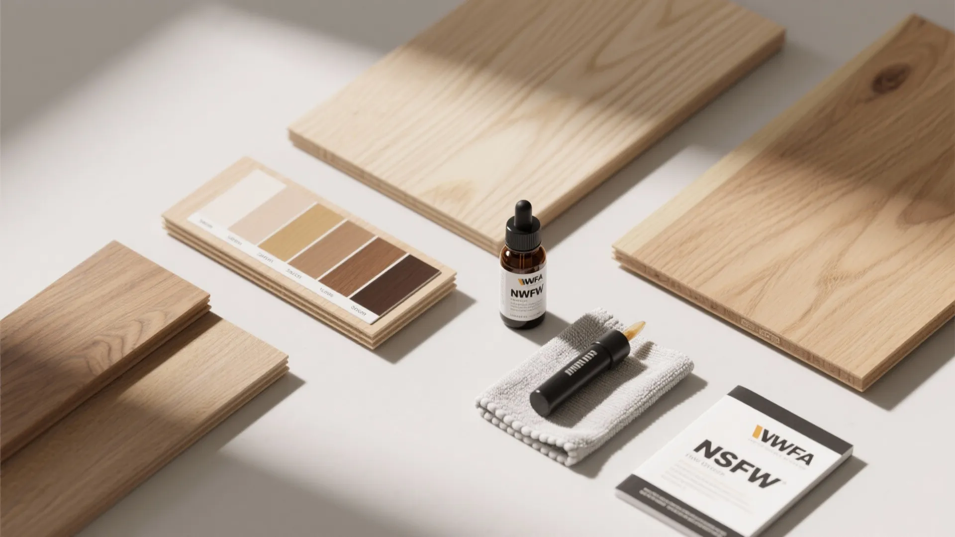 Flatlay of rift cut oak samples, finish swatches and a UV-resistant finish bottle for cabinet care guidance.