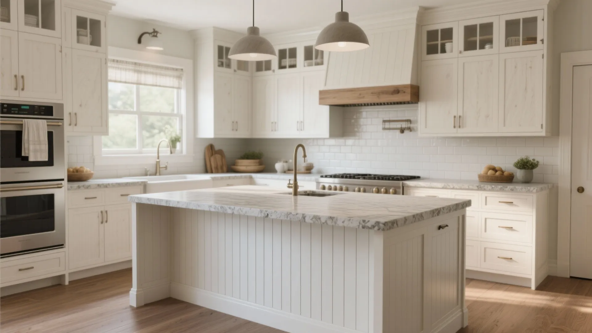 Modern farmhouse kitchen with rift cut oak cabinets, honed stone counters and subway tile backsplash.