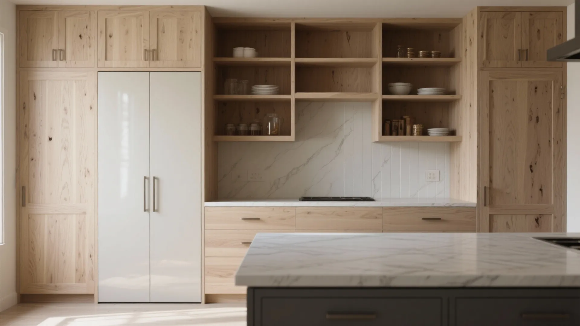 3. All-Wood Cabinetry with Mixed Finishes