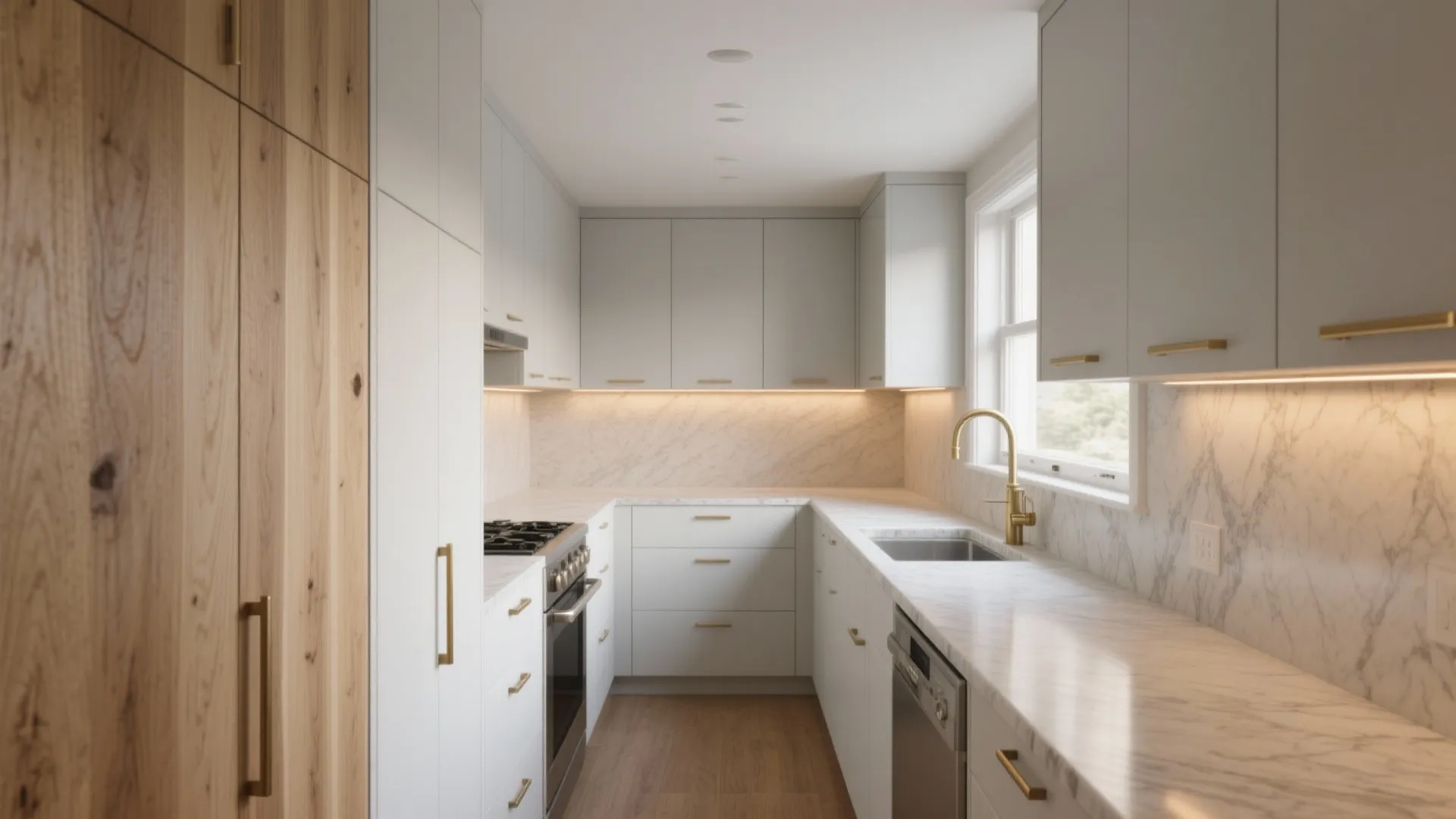 Modern white and wood kitchen design with marble countertop gold faucet and large wood cabinet