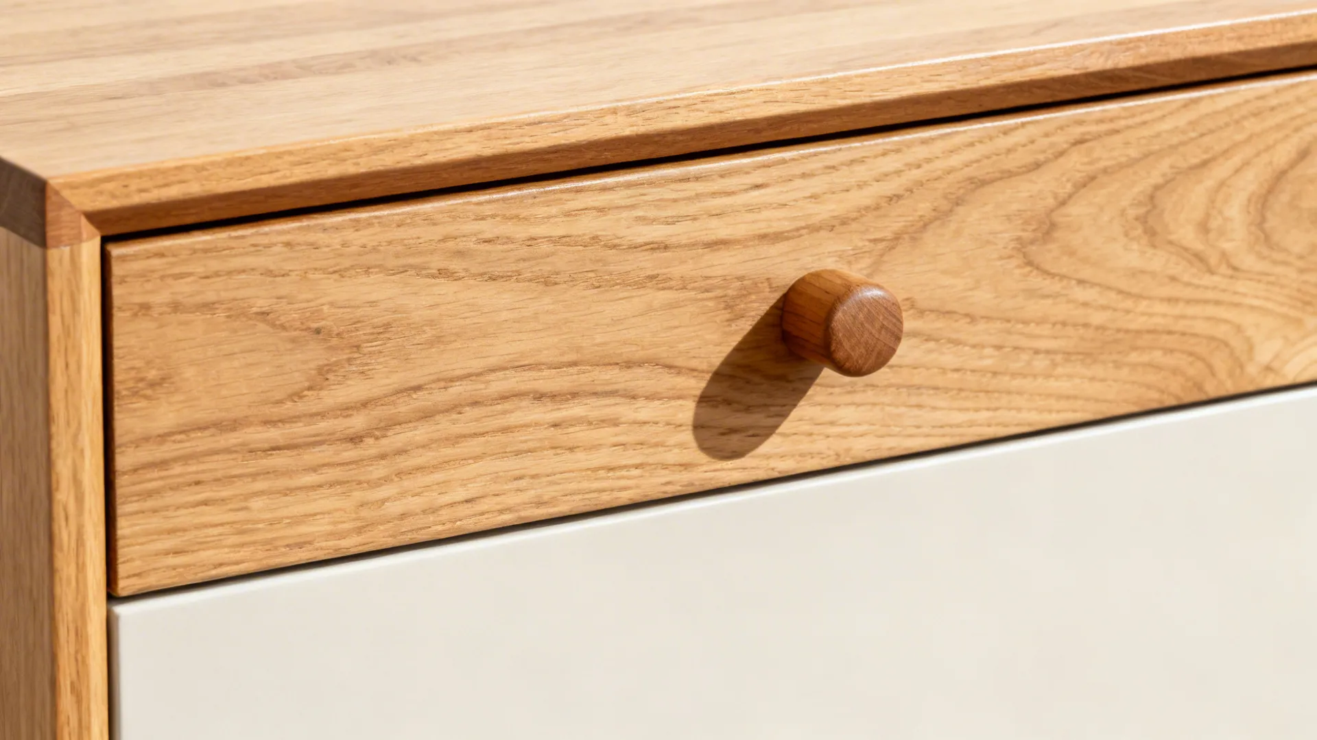 Macro of rift oak veneer with solid wood finger pull next to a matte painted cabinet front.