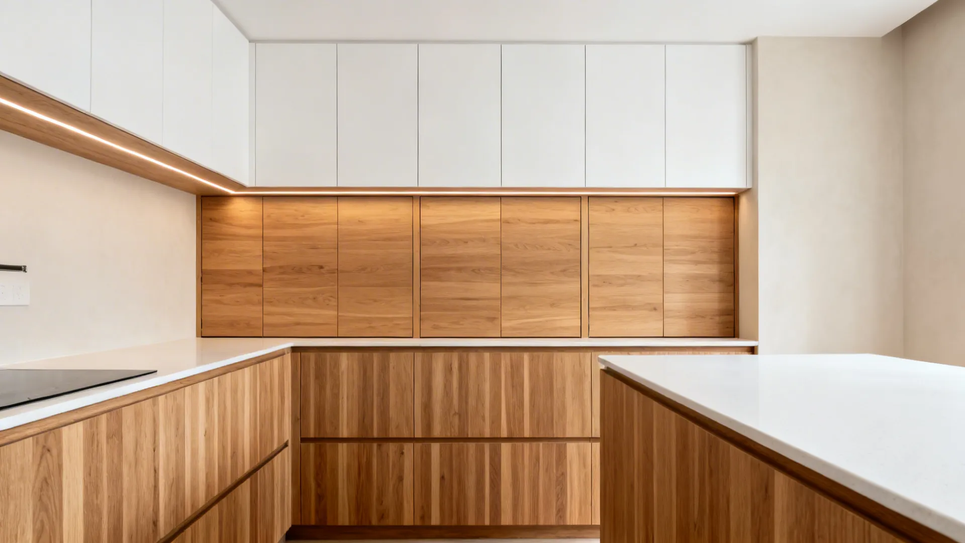 Rift-cut oak veneer base cabinets with white uppers and under-cabinet LEDs in a compact kitchen.