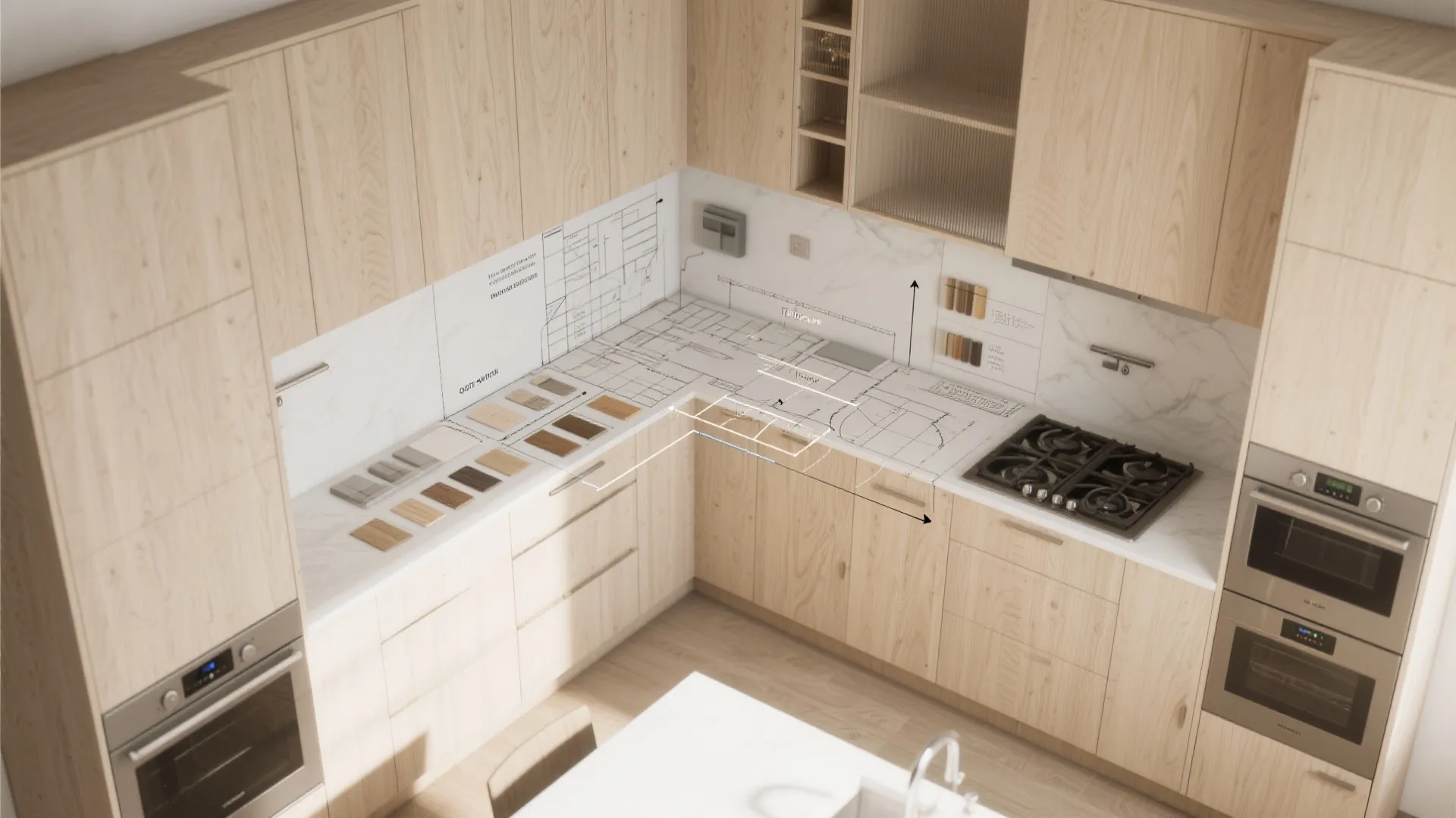 Top-down kitchen planning render with rift cut oak layout, grain direction, veneer swatches and hardware samples.
