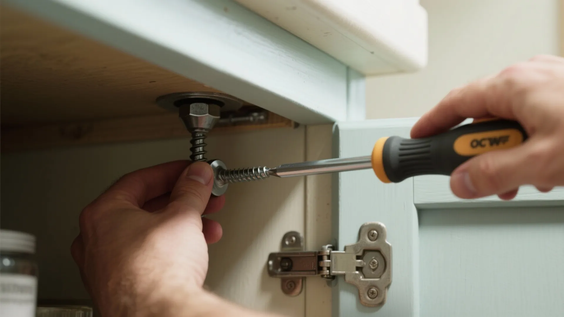 Right-angle screwdriver turning a screw under a cabinet lip in a narrow gap