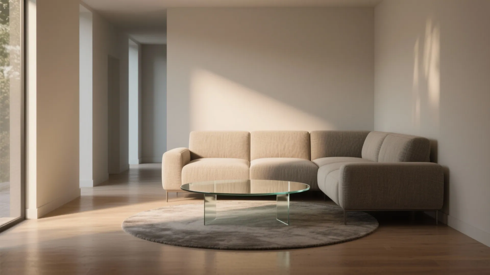 Modern beige sectional sofa with a glass coffee table on a round rug at home