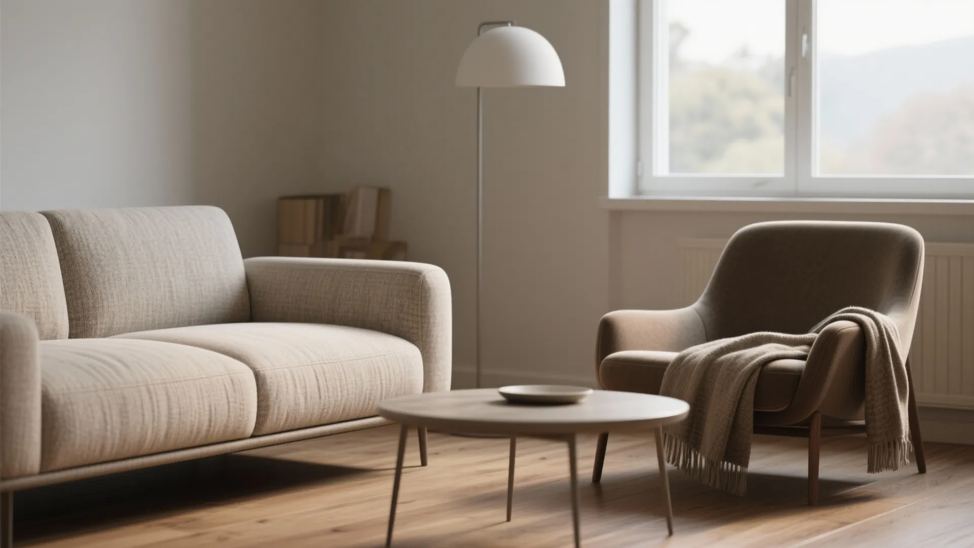 Minimalist living room with a beige sofa, round coffee table, brown armchair, and white floor lamp