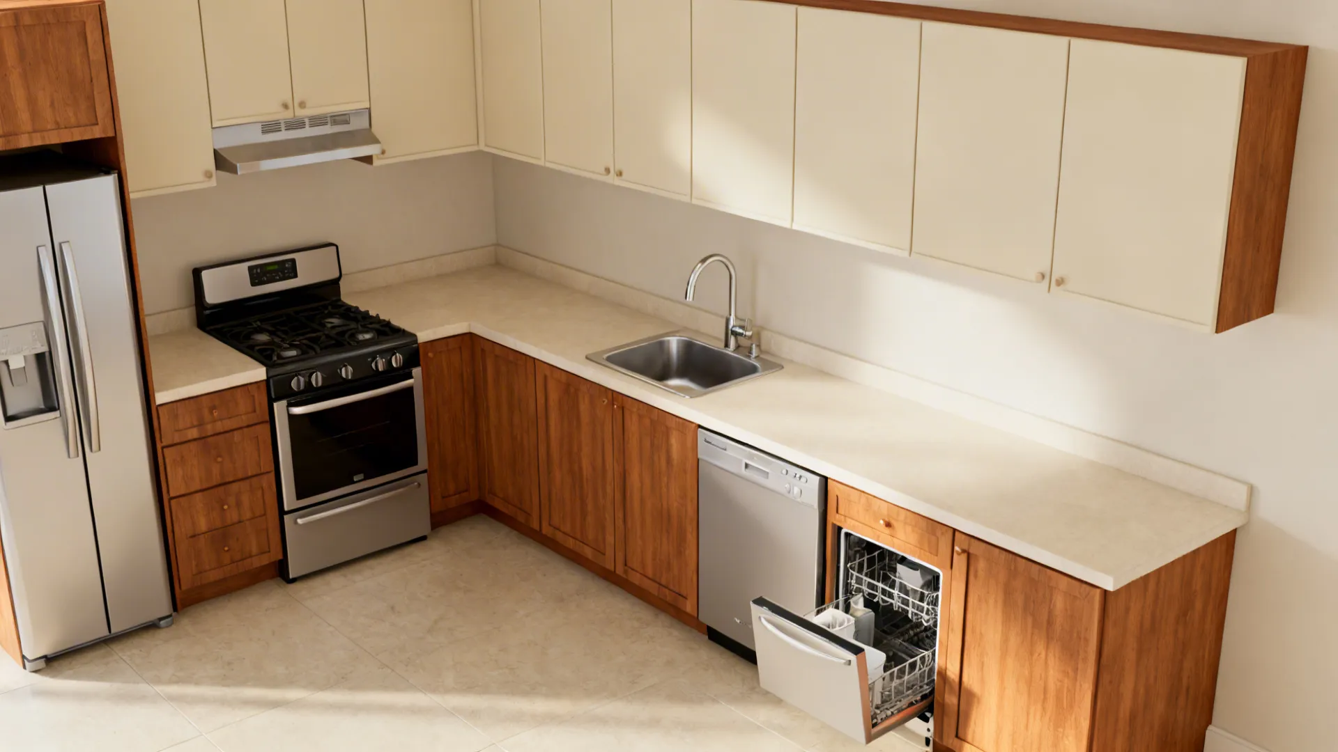 Small kitchen with 24-inch range, slim dishwasher, counter-depth fridge, and 12-inch trash pull-out.