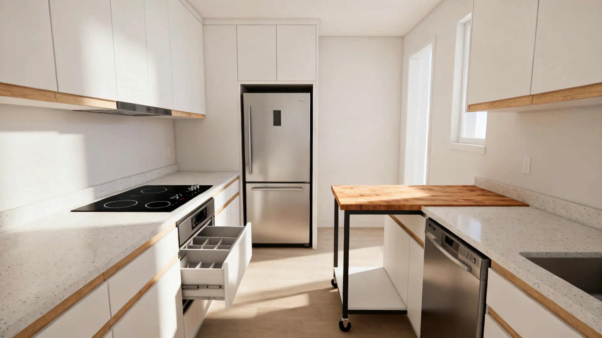 Compact 10x8 kitchen with counter-depth fridge, 24-inch dishwasher, and a slim rolling console.