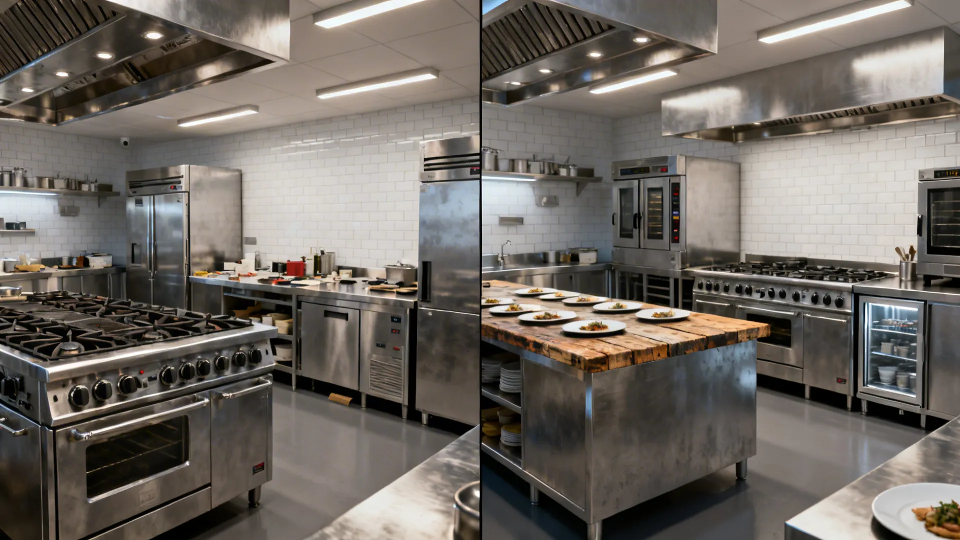 Before-and-after cook line showing oversized gear versus downsized efficient setup.