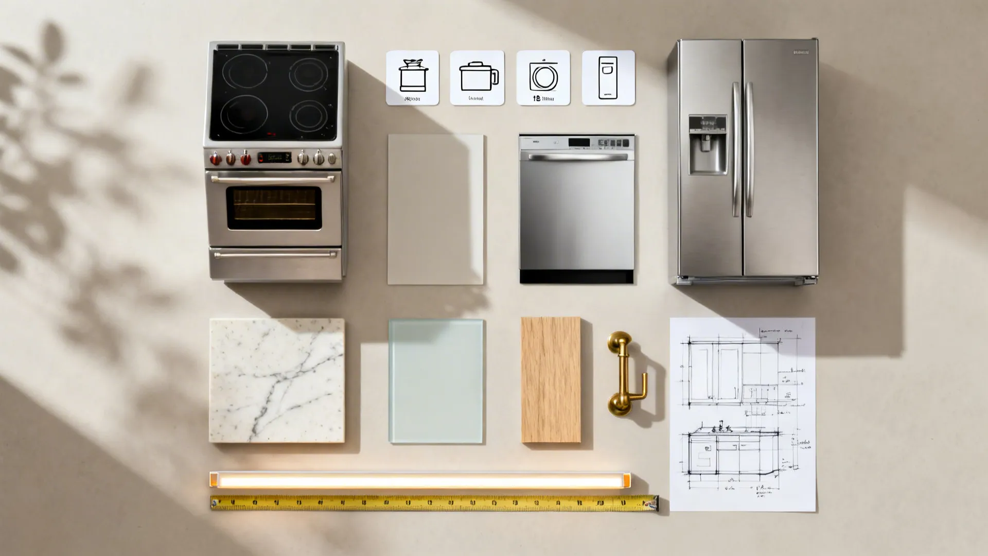 Top-down flat lay of compact appliance widths with quartz, glass, oak, and brass samples