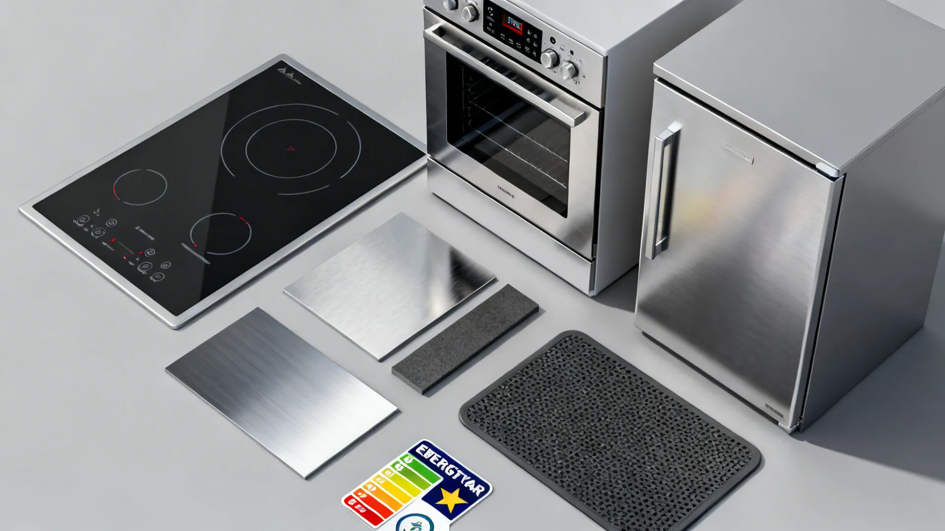 Flatlay of compact kitchen equipment elements and stainless material samples.