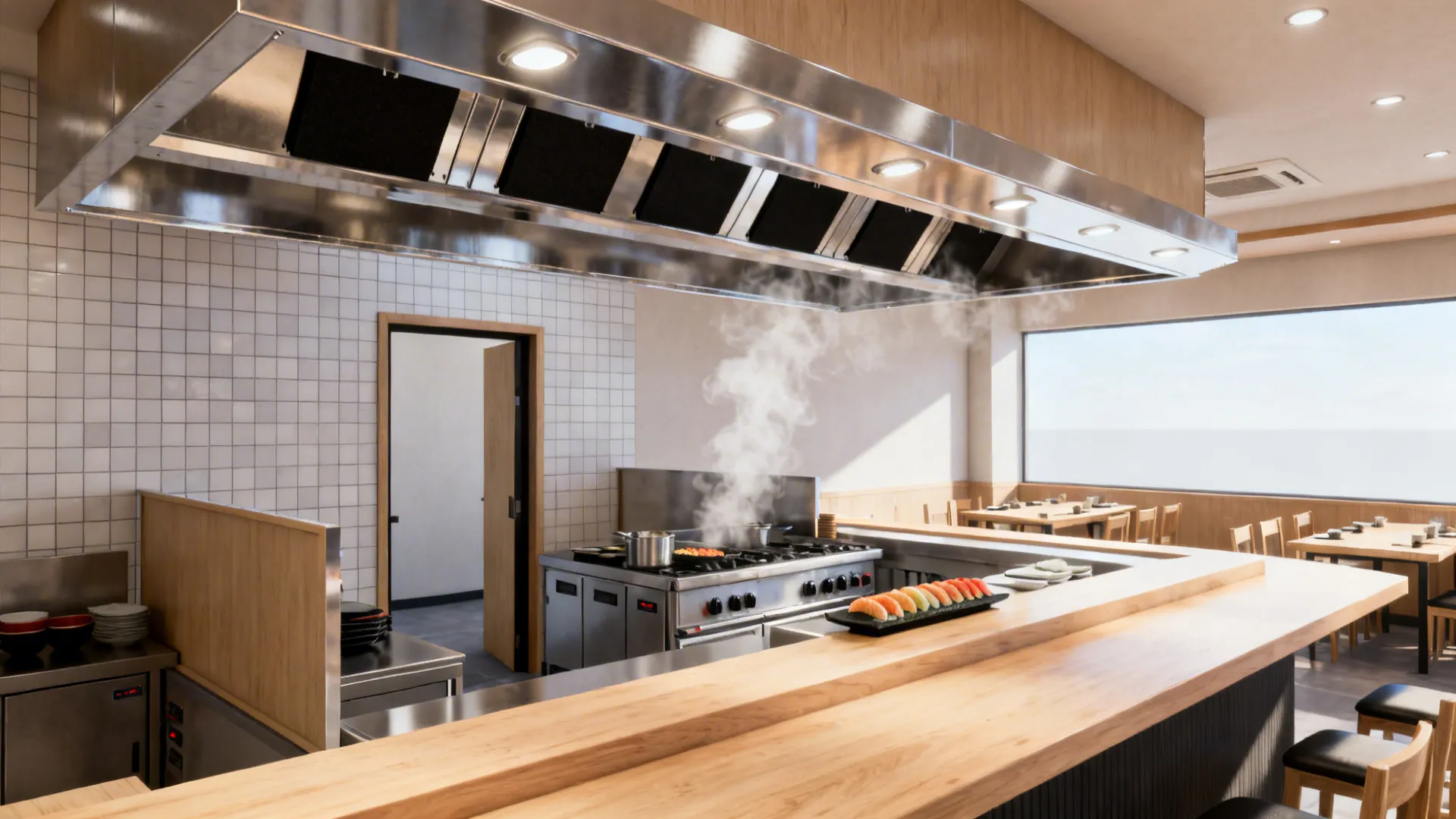 Properly sized Type I canopy hood with full overhang and side panels capturing cooking plumes.