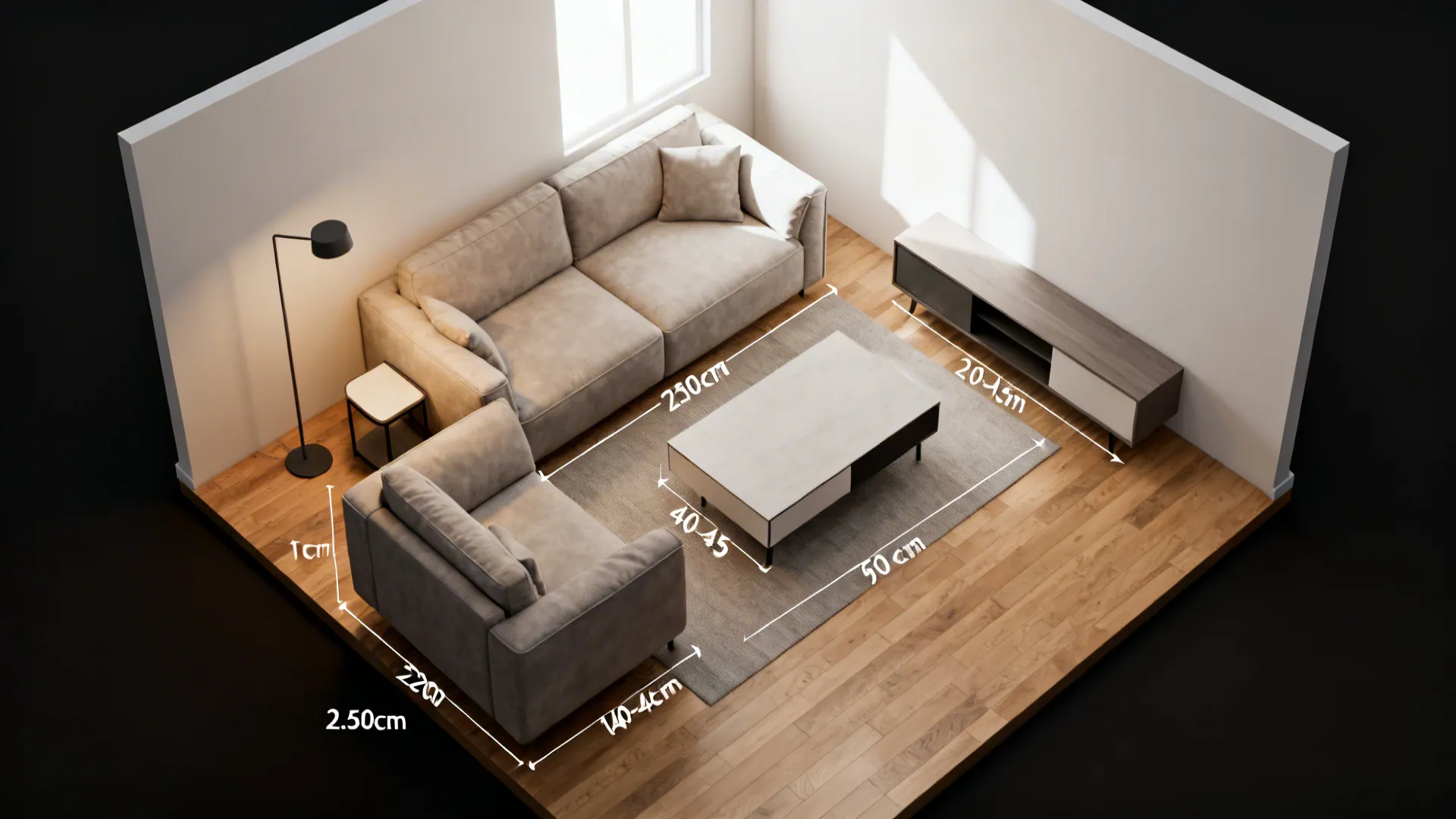 Top-down plan showing a 2.5-seater with compact chaise and clearances.