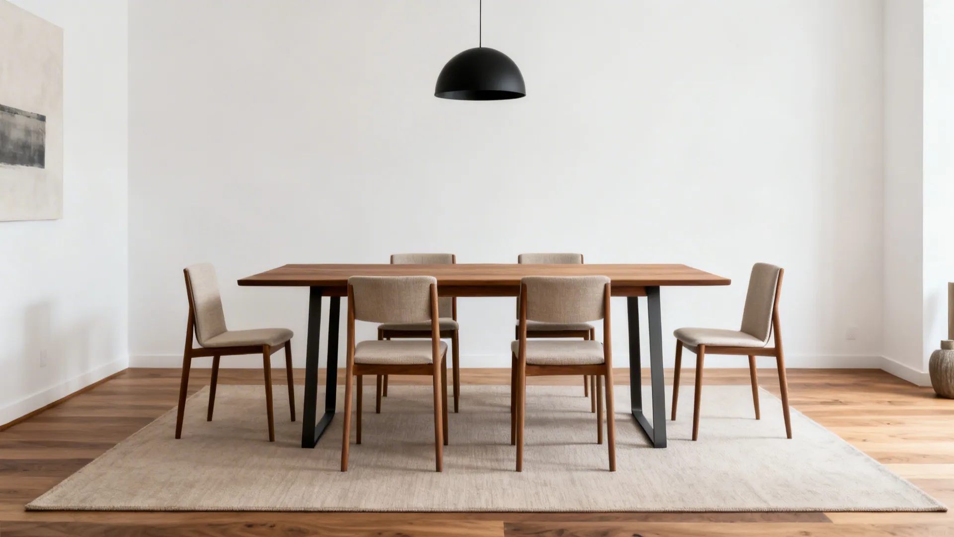 Minimalist dining room featuring rectangular wood table, six beige chairs, rug, and black ceiling light