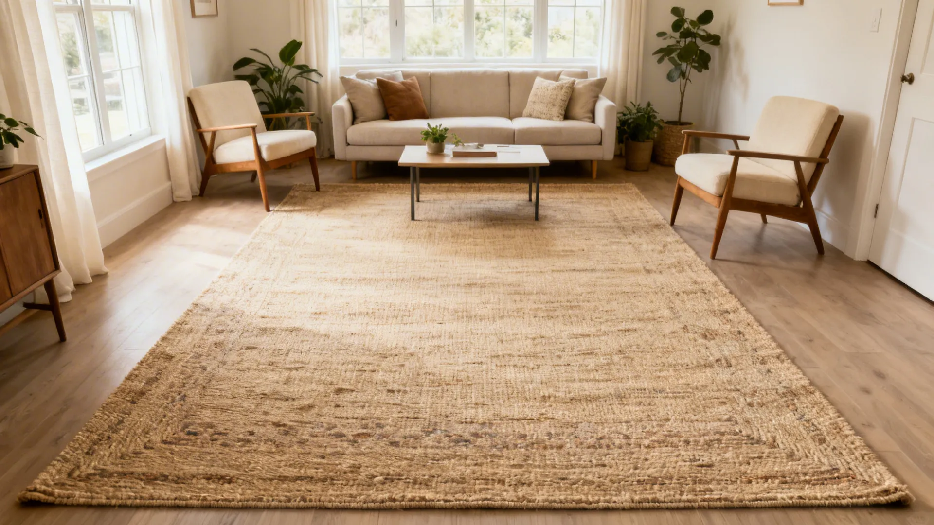 Small living room with an oversized flatweave rug anchoring the sofa’s front legs, creating a cohesive seating zone.