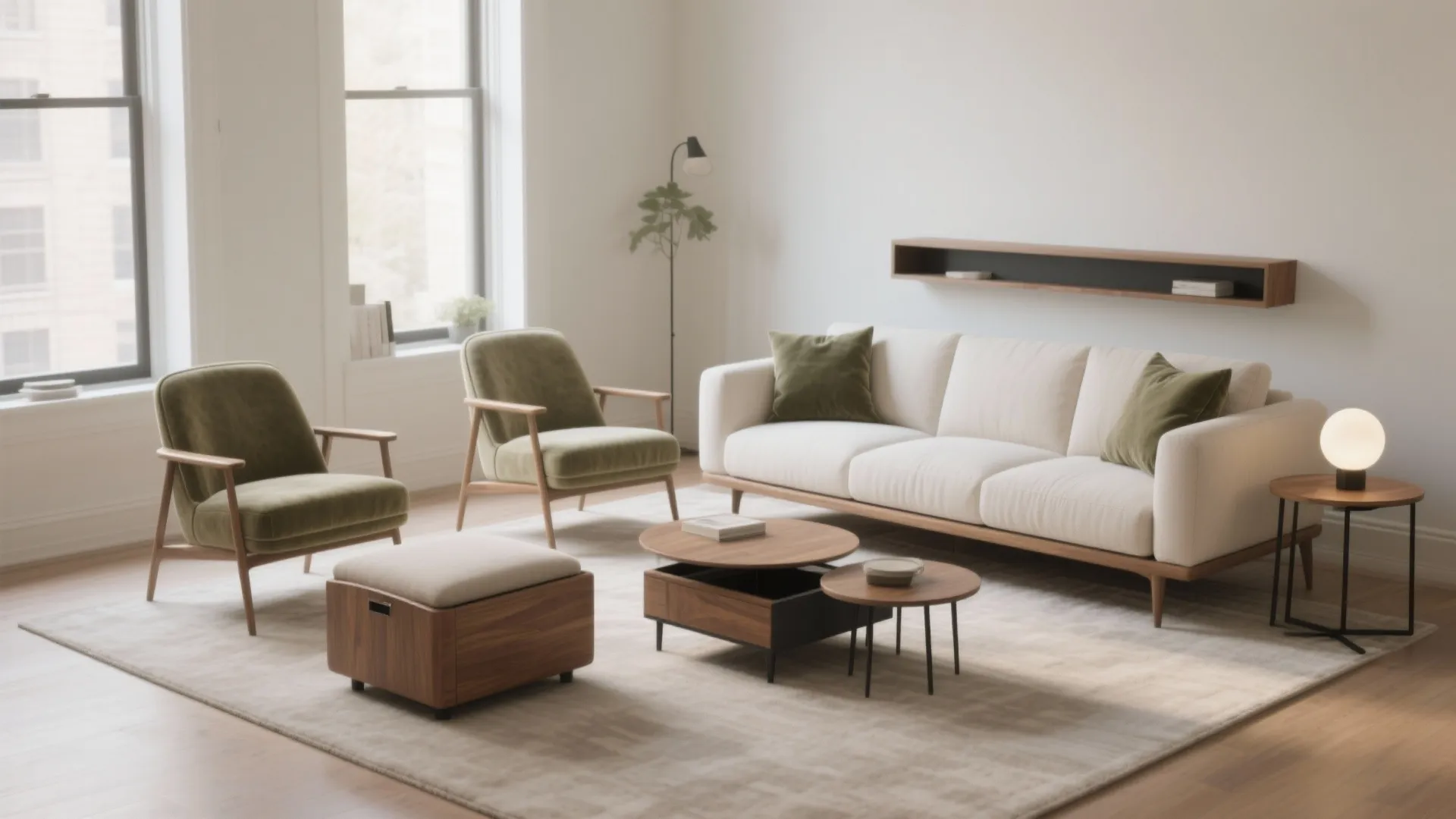 Bright living room featuring white sofa two green chairs wood coffee table and round footrest