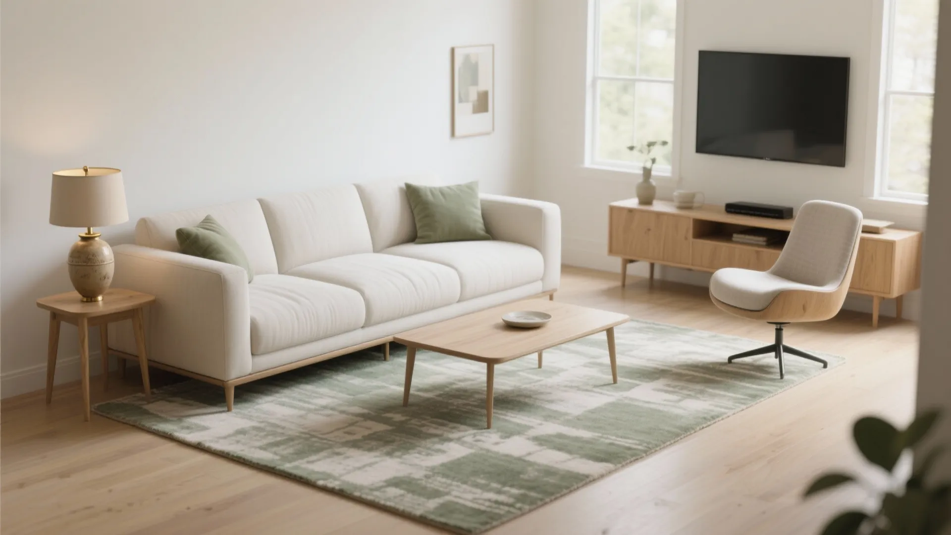 Minimalist living room showing white sofa wooden coffee table chair green rug and wall light