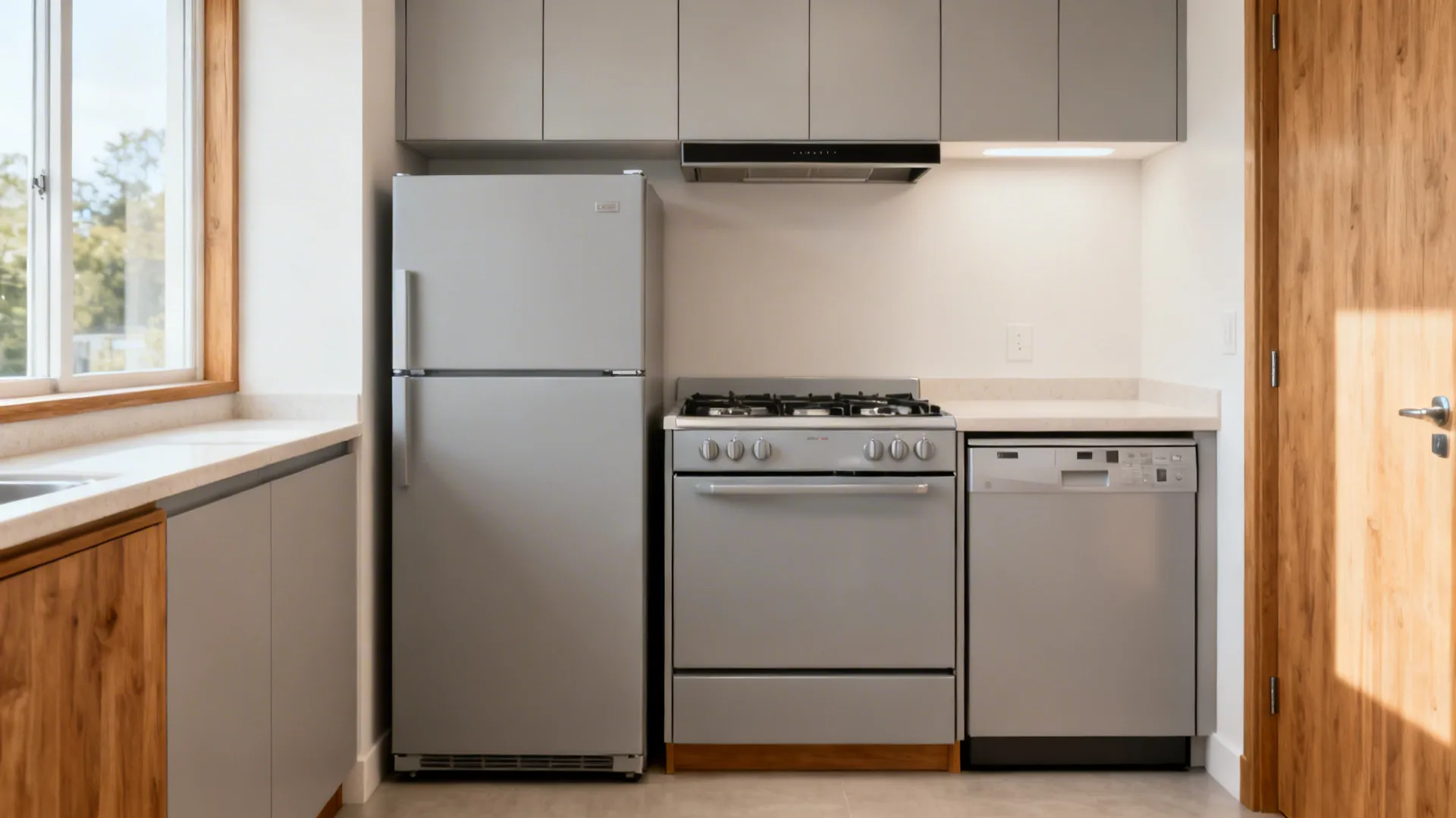 Compact 24-inch fridge and range aligned flush in a streamlined 11x8 kitchen.