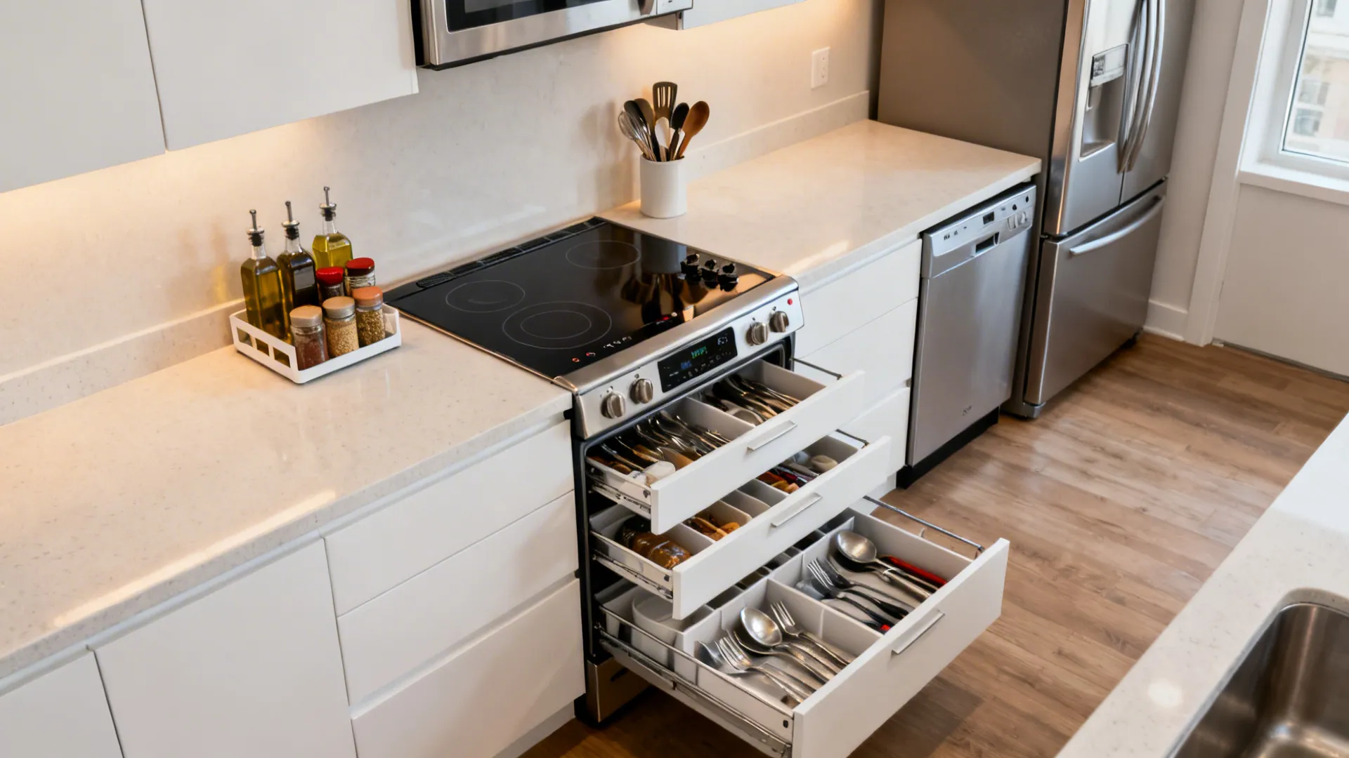Small modern kitchen with counter-depth fridge, 60 cm induction, compact dishwasher, and organized drawers.