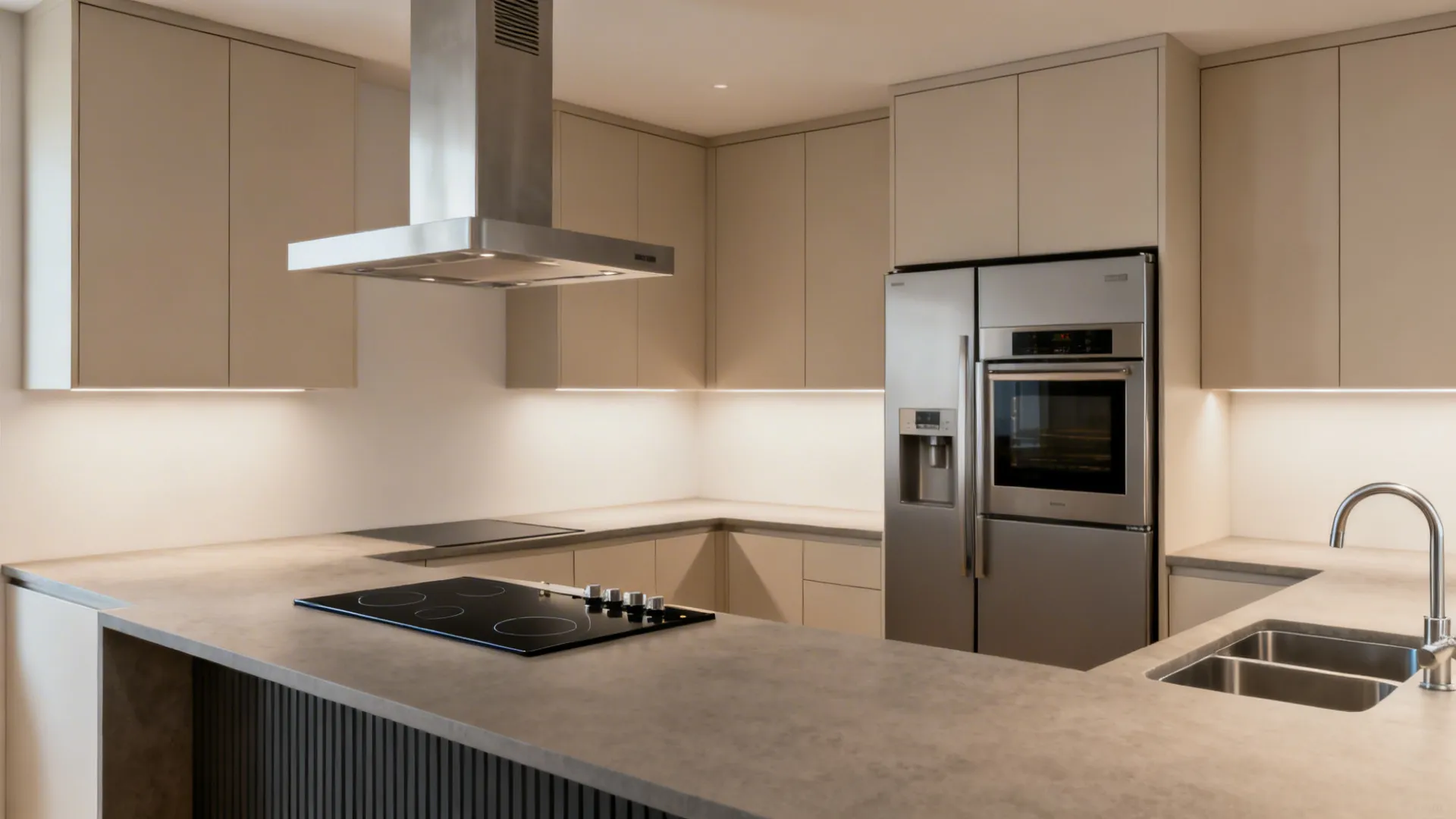 Compact kitchen with a 30-inch induction cooktop, wall oven, and counter-depth refrigerator with clear landings.
