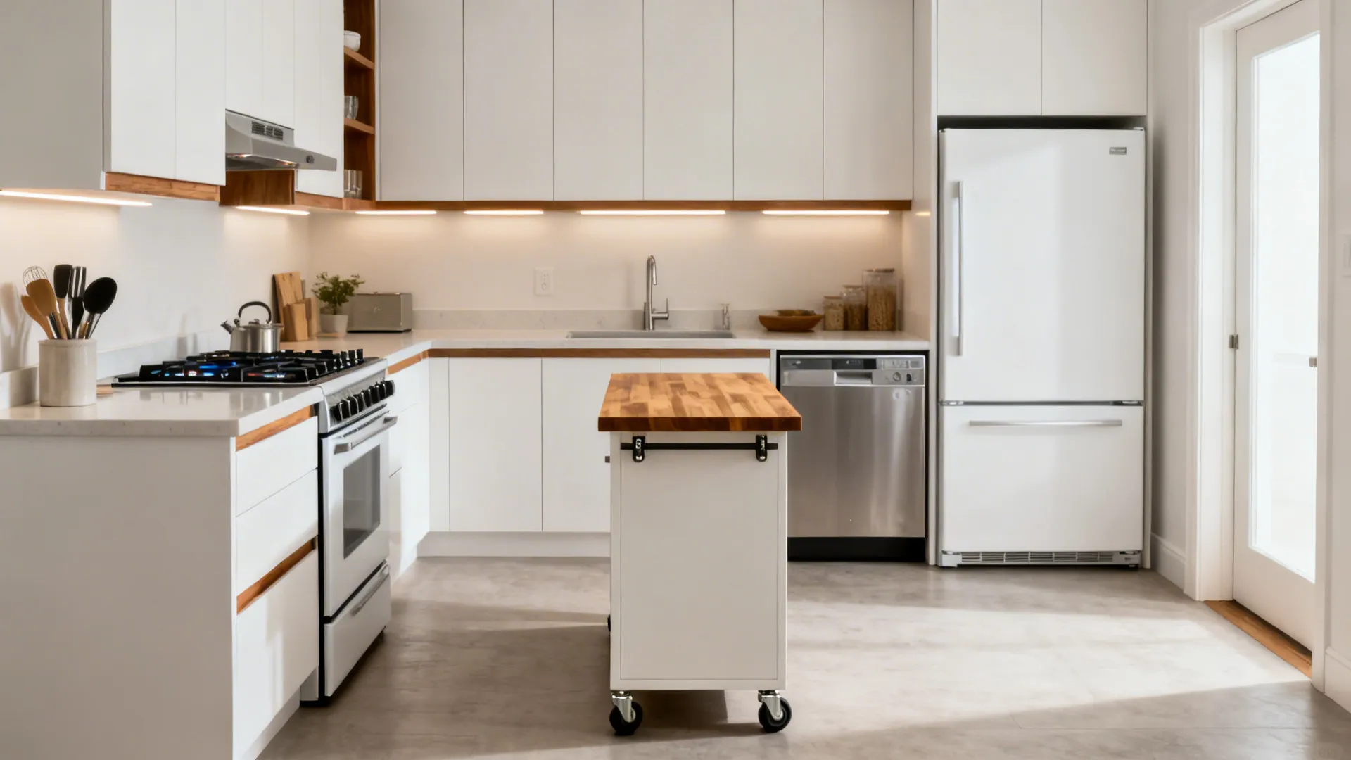 Small kitchen with compact appliances and a slim rolling island on locking casters.