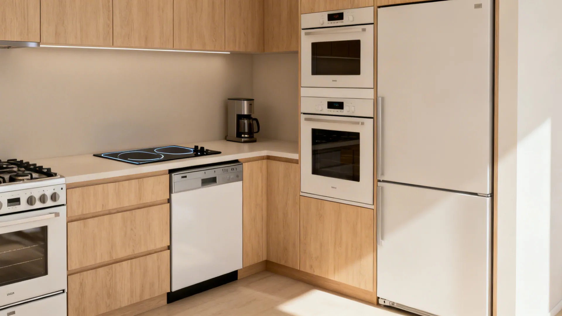 Modern kitchen corner with light wood cabinets white dishwasher built-in oven and large white fridge