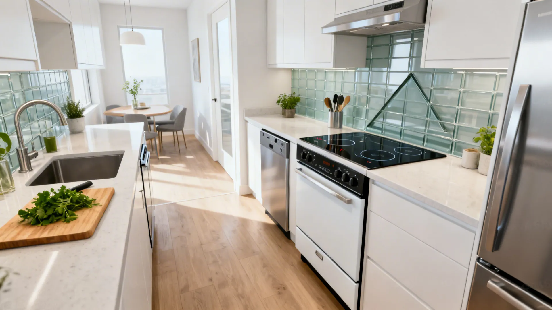 Compact kitchen with 24-inch range, slim dishwasher, and counter-depth fridge.
