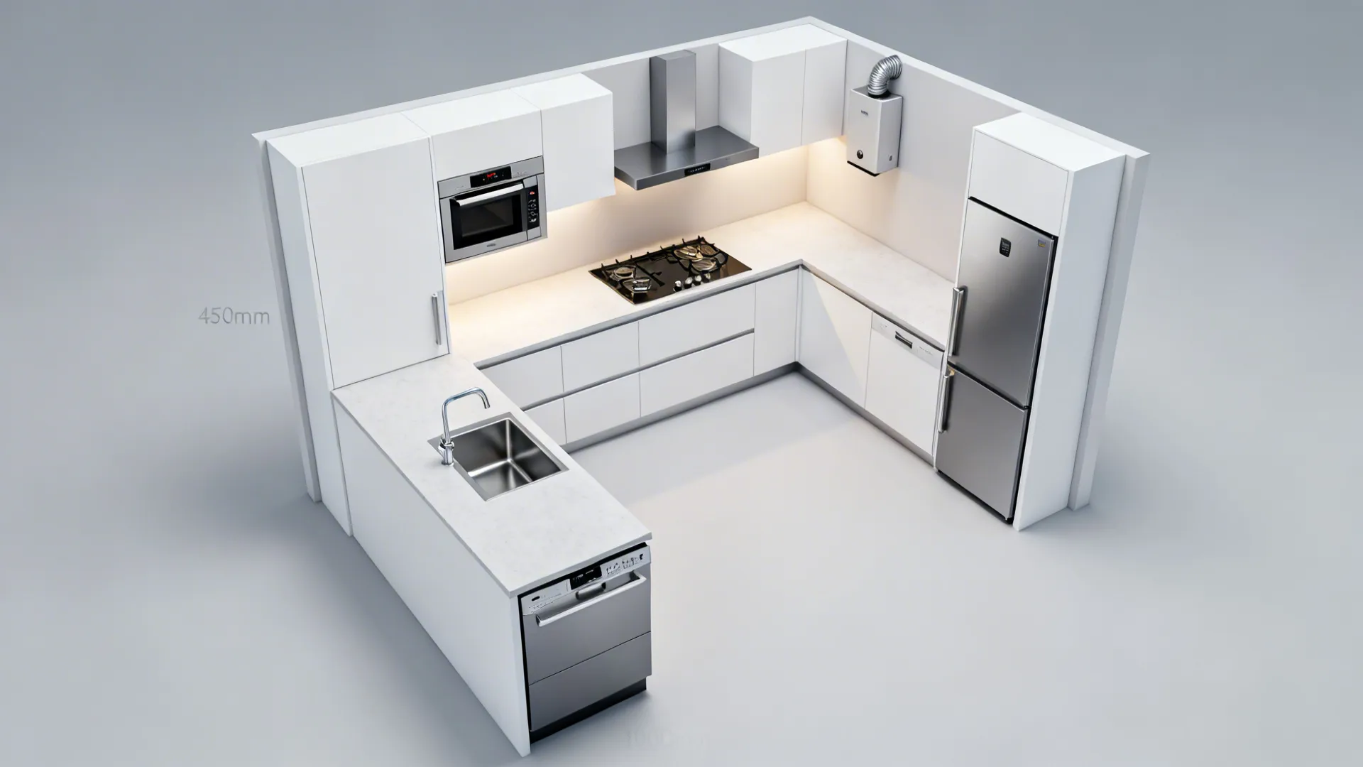 White U shaped kitchen layout with sink stove fridge microwave oven dishwasher and white cabinets