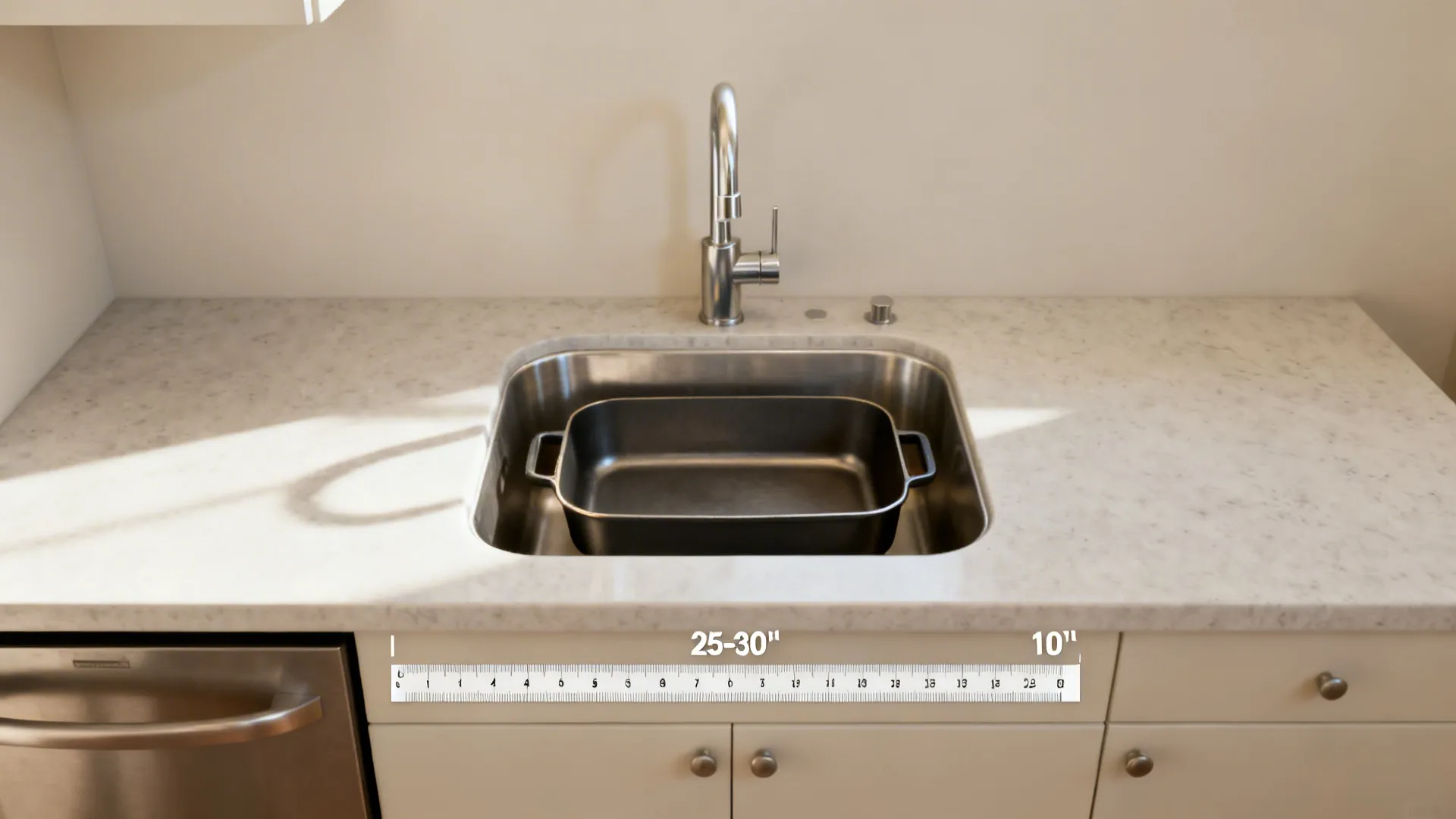 A 27–30 inch deep single-bowl sink fits a roasting pan while keeping side counter space.