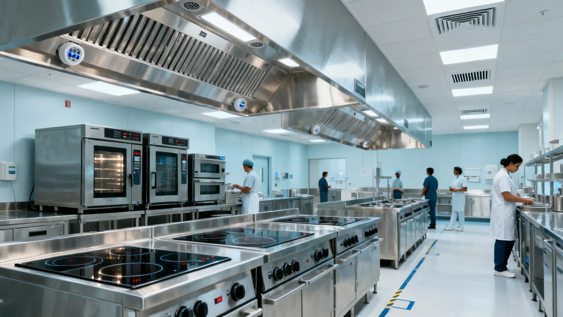 Compact hospital cookline with induction tops, combi ovens, and efficient exhaust hoods.