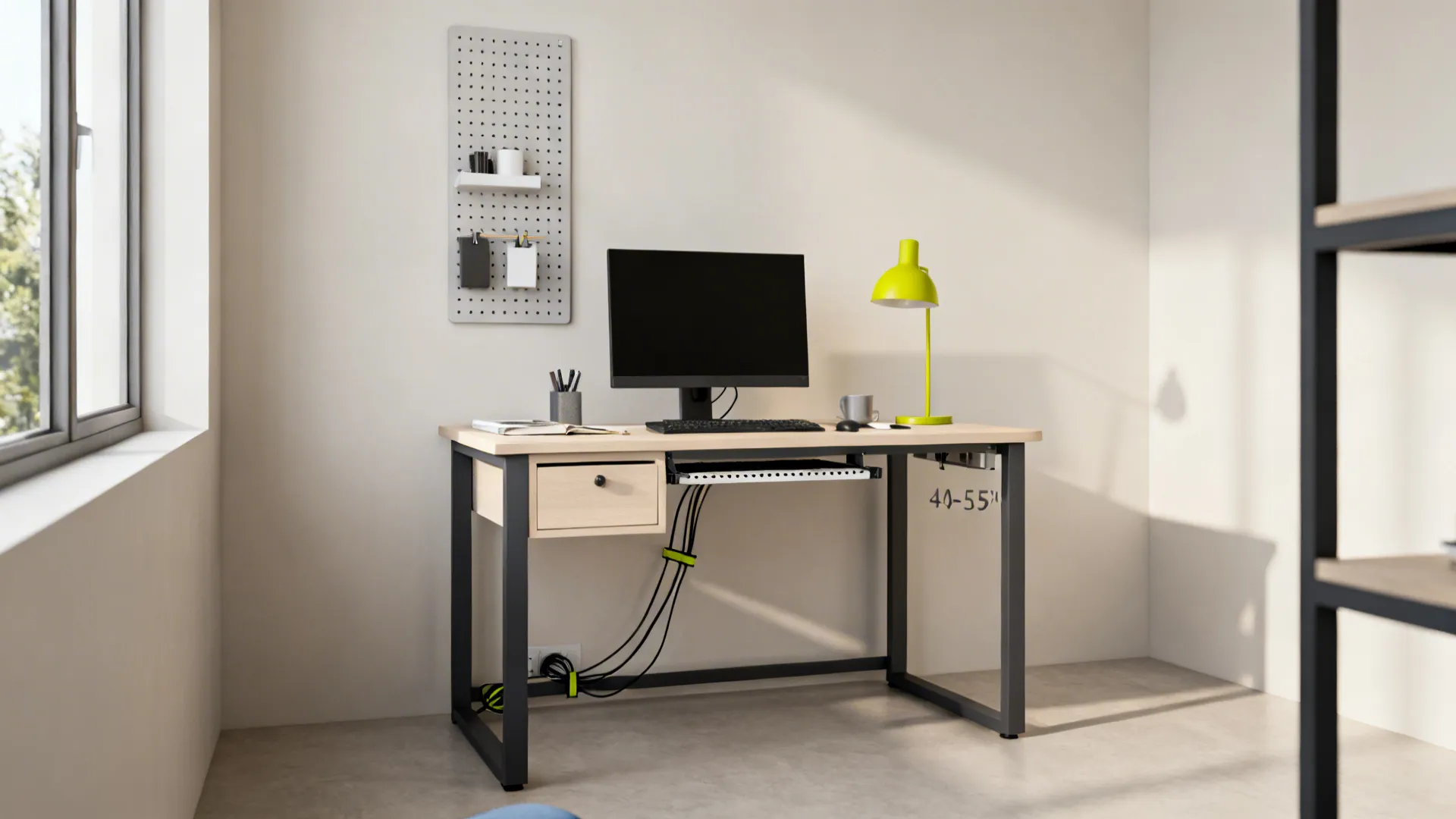 Small office with a right-sized desk and a vertical wall grid organizer for reach zones.