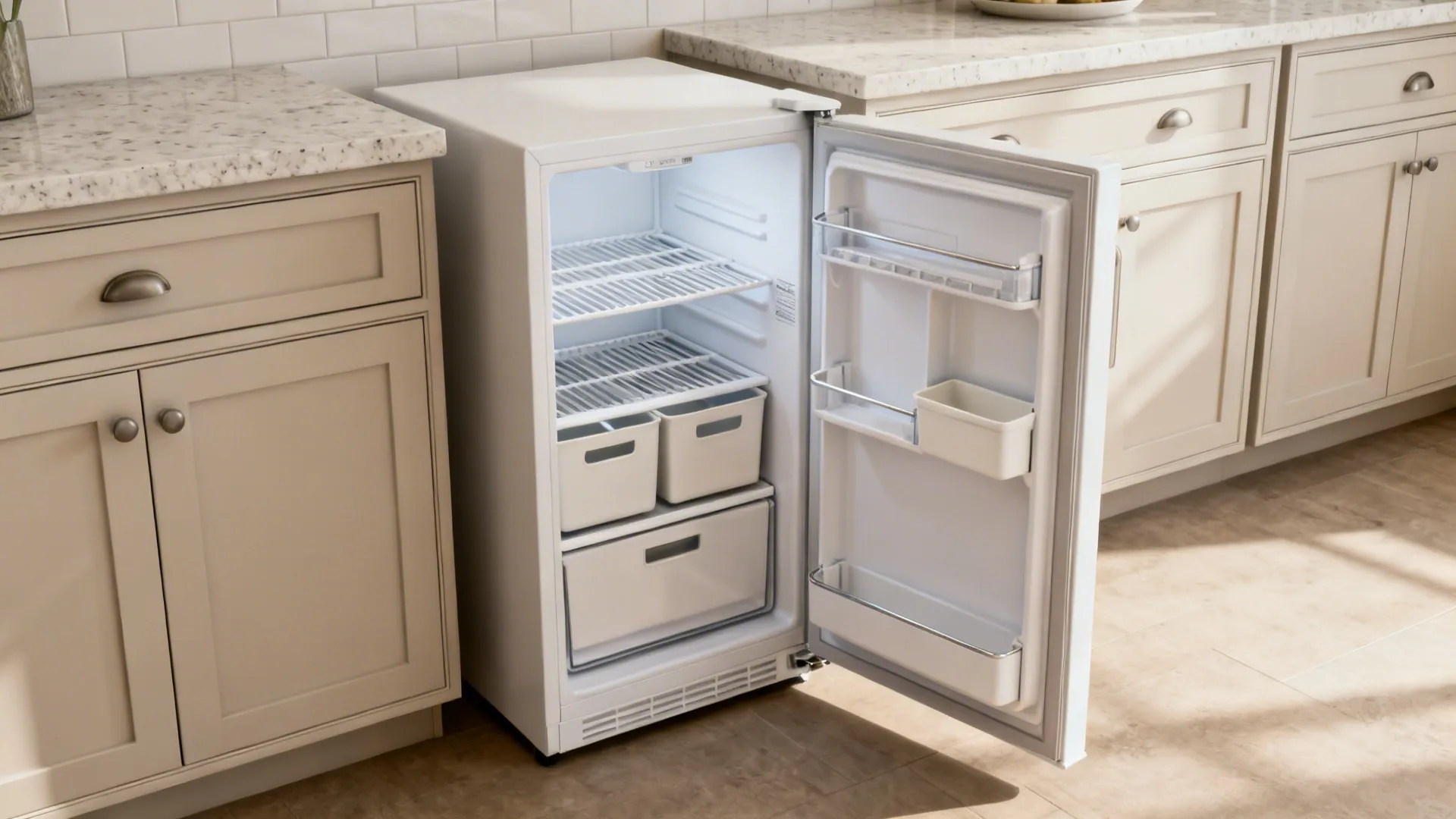 Small white open fridge next to beige kitchen cabinets with white counter and tiled wall