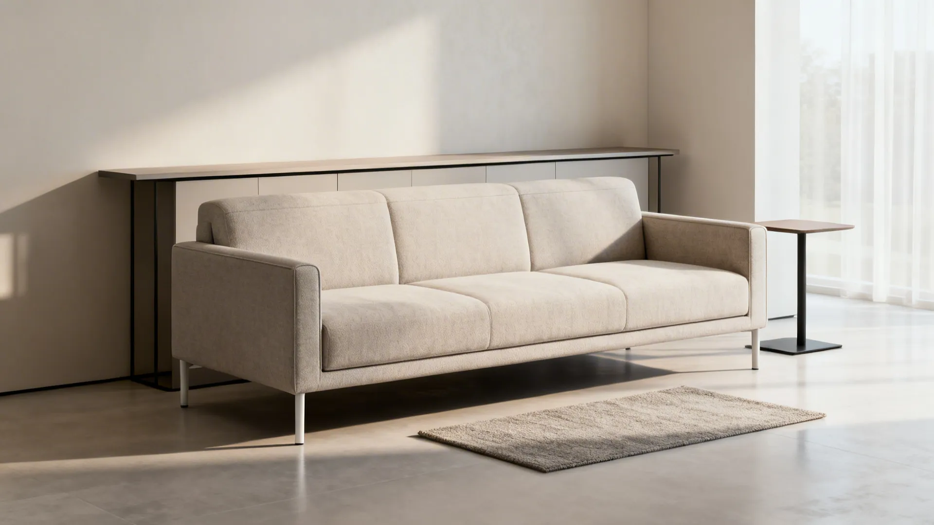 Right-sized low-arm sofa with exposed legs in a compact living room with a slim console and clear circulation.