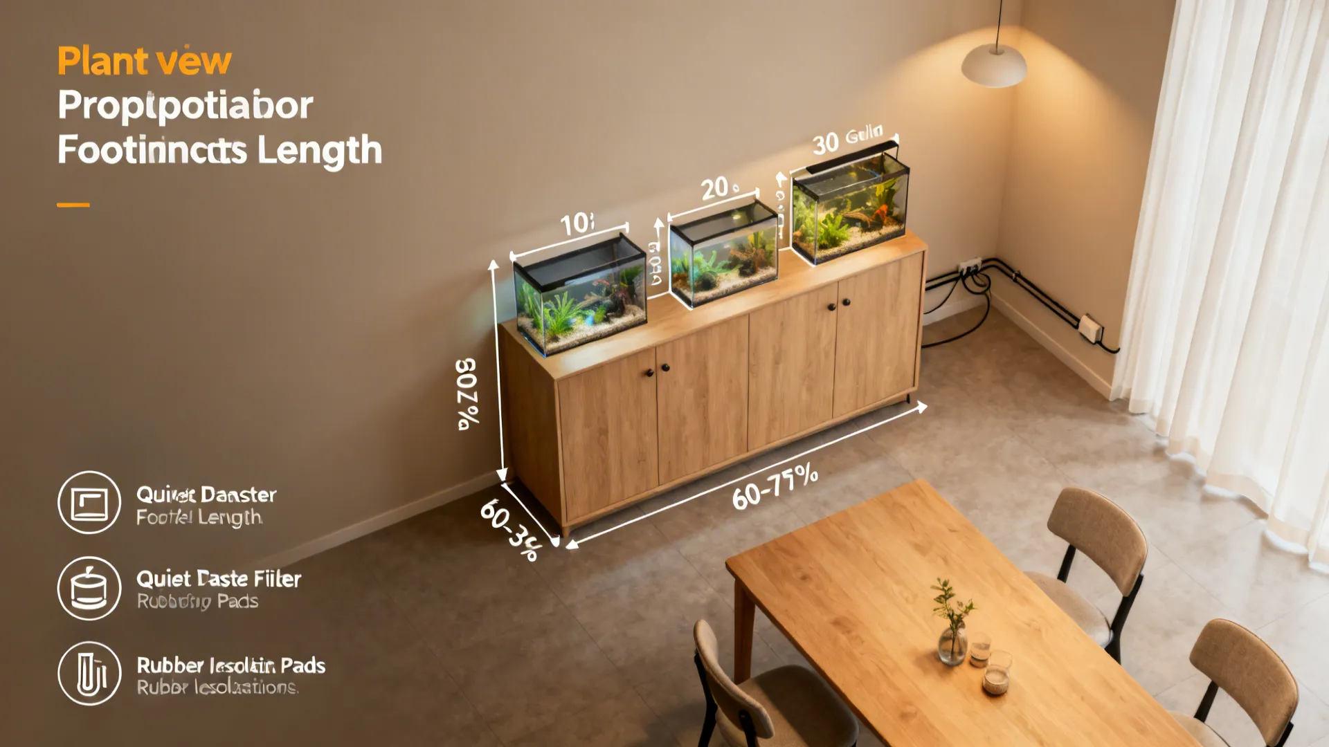 Top-down view showing proportional aquarium sizes on a sideboard with clear dining circulation.
