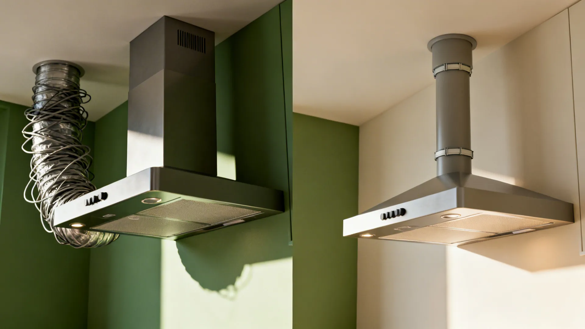 Before-and-after of a small kitchen showing a noisy oversized hood versus a quiet right-sized setup.