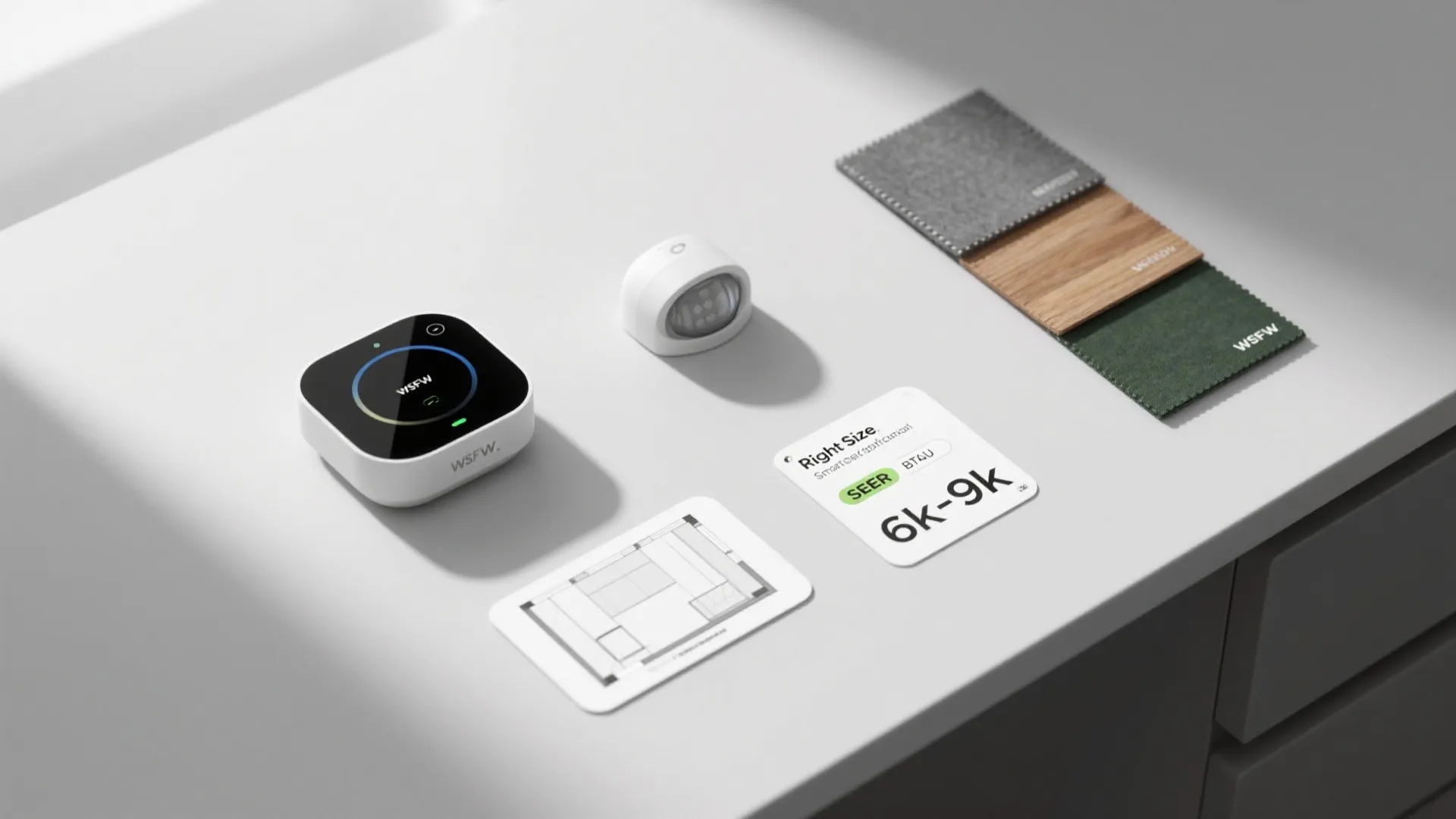 Flat lay with smart thermostat, sensors, and planning cards symbolizing right-sized BTU and zoning.