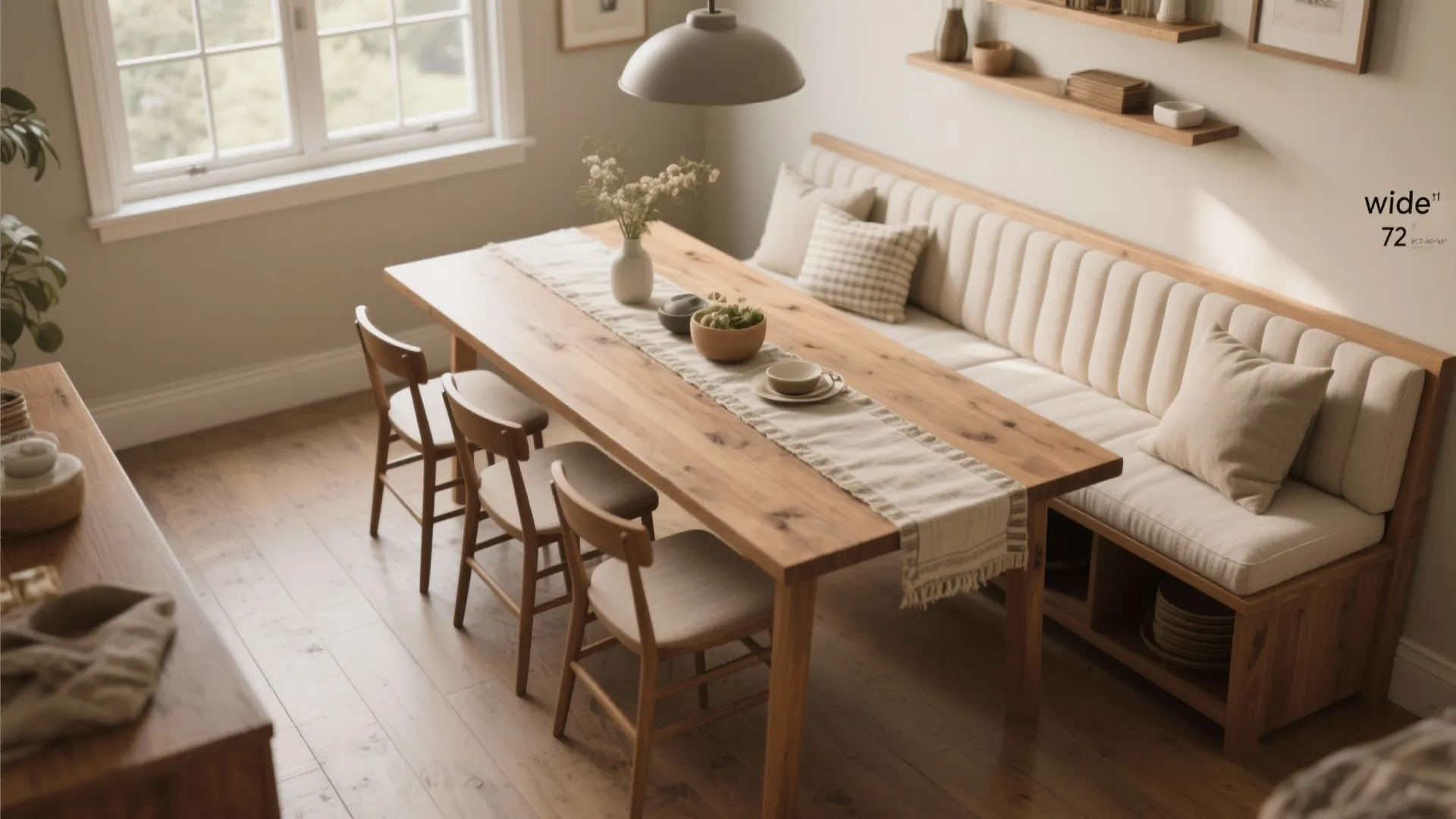 Long wooden dining table with built in sofa bench three chairs and a grey light