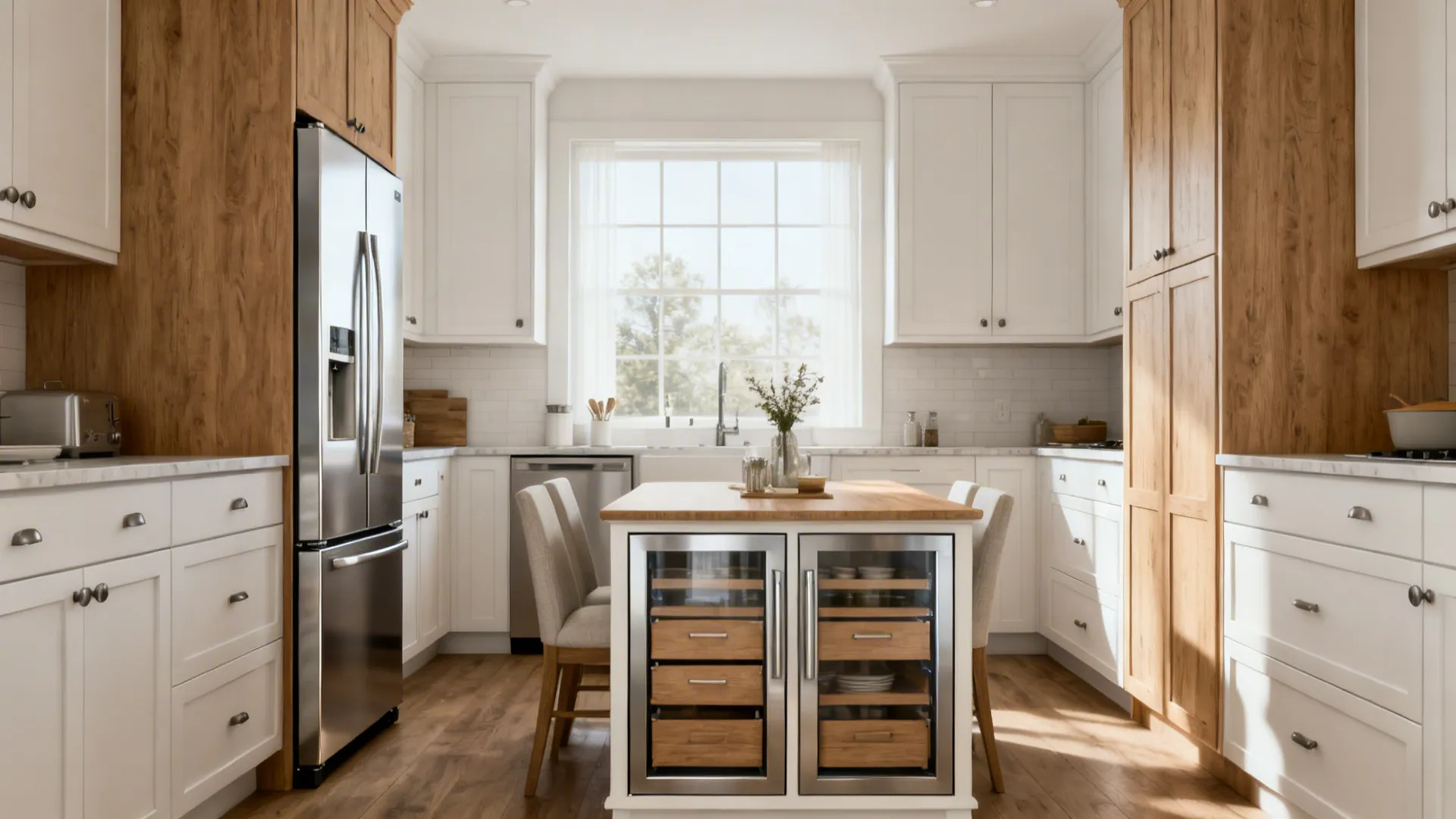 Compact kitchen with a slim counter-depth column fridge and drawer fridges built into a dining buffet.