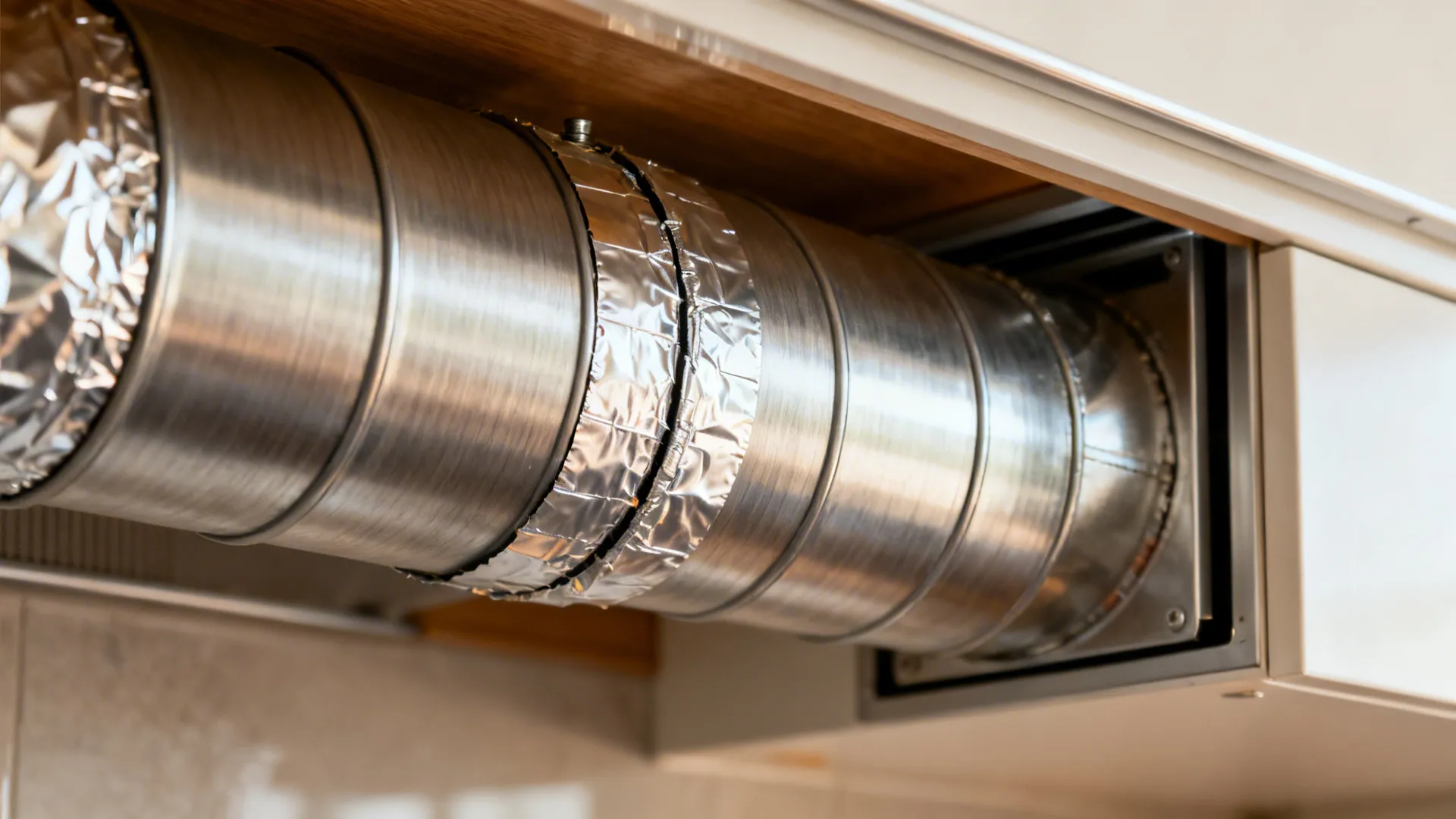 Macro view of smooth rigid metal duct sealed with foil tape at a hood outlet.