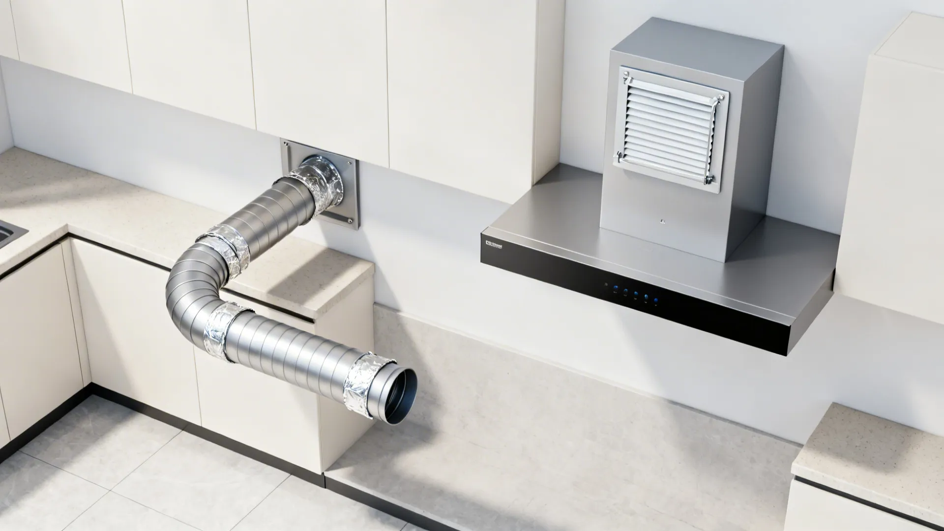 Top-down view of an under-cabinet hood with a short straight rigid duct to an exterior wall cap.