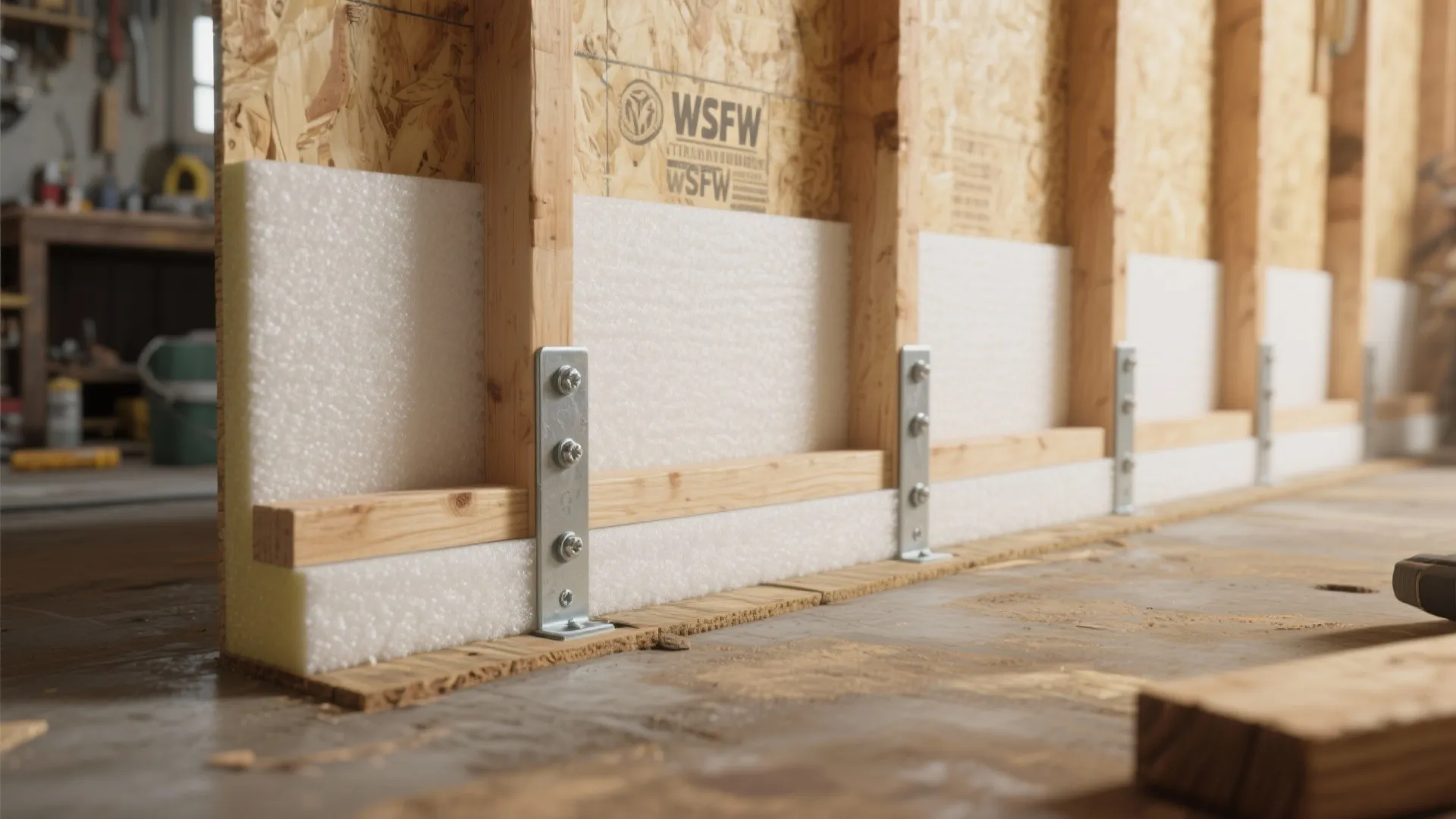 Rigid white foam insulation pieces installed at the base of a wooden wall frame structure