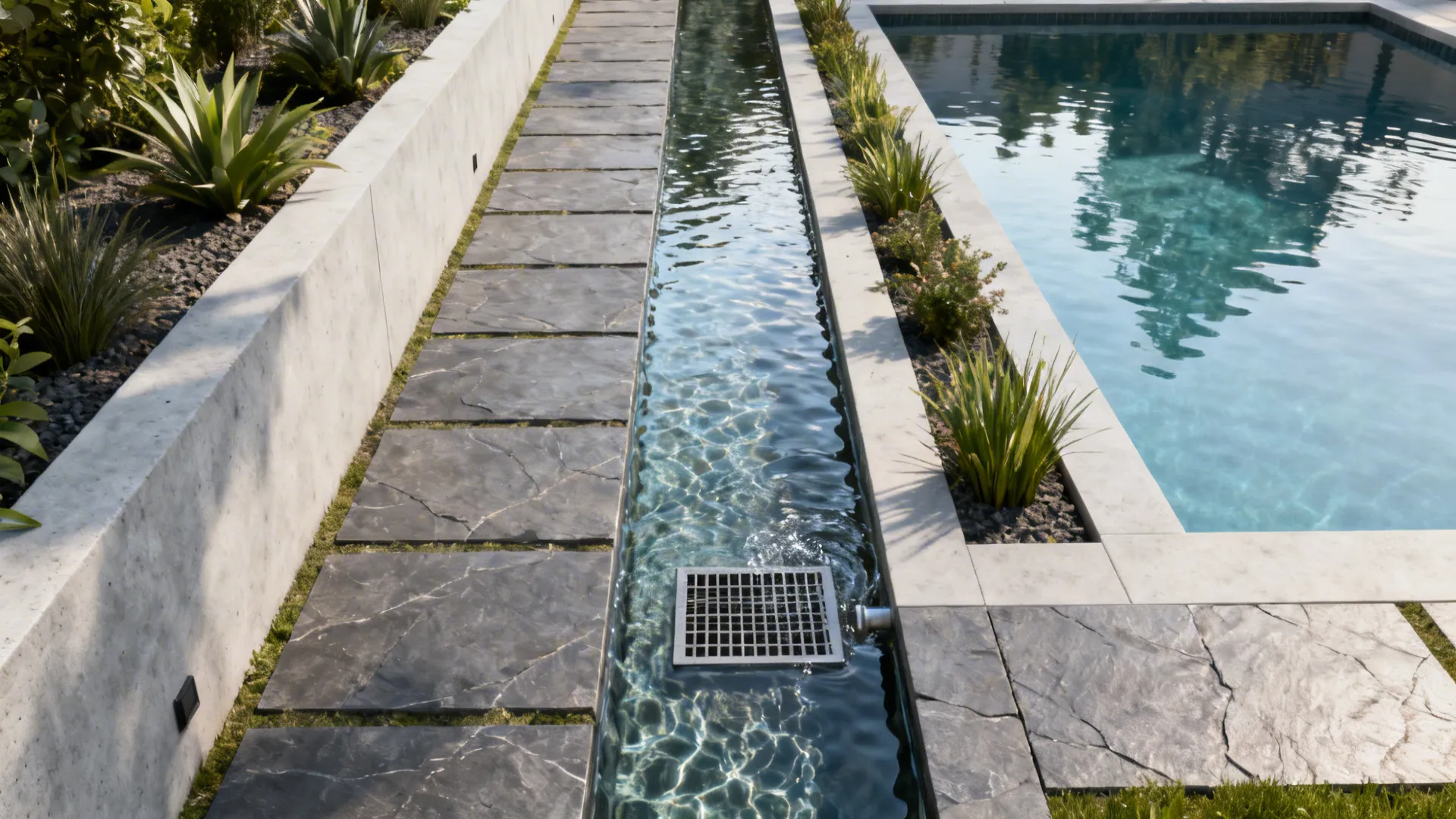 Narrow rill channel leading water through a slim yard into a compact pool with linear planting.