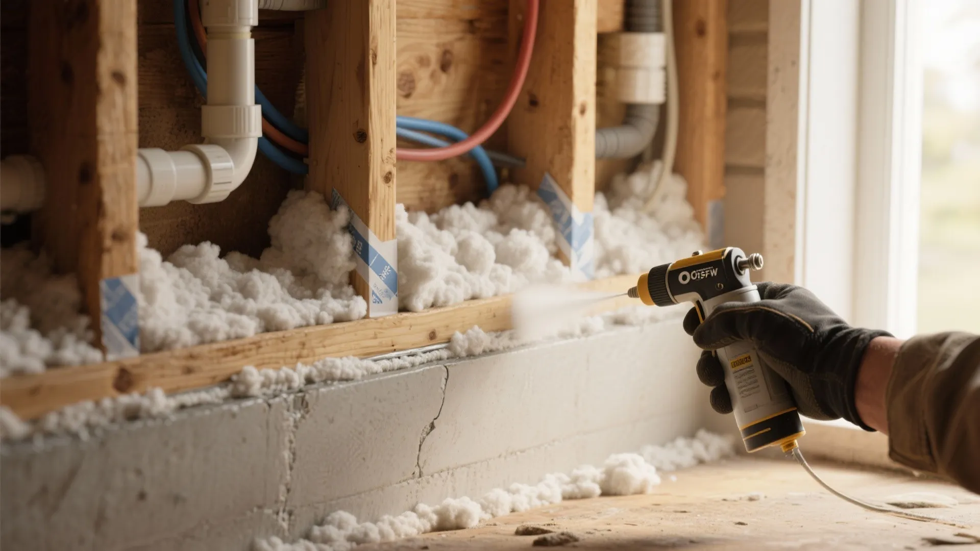 Gloved hand using spray tool to apply foam insulation to wooden floor joints and pipes