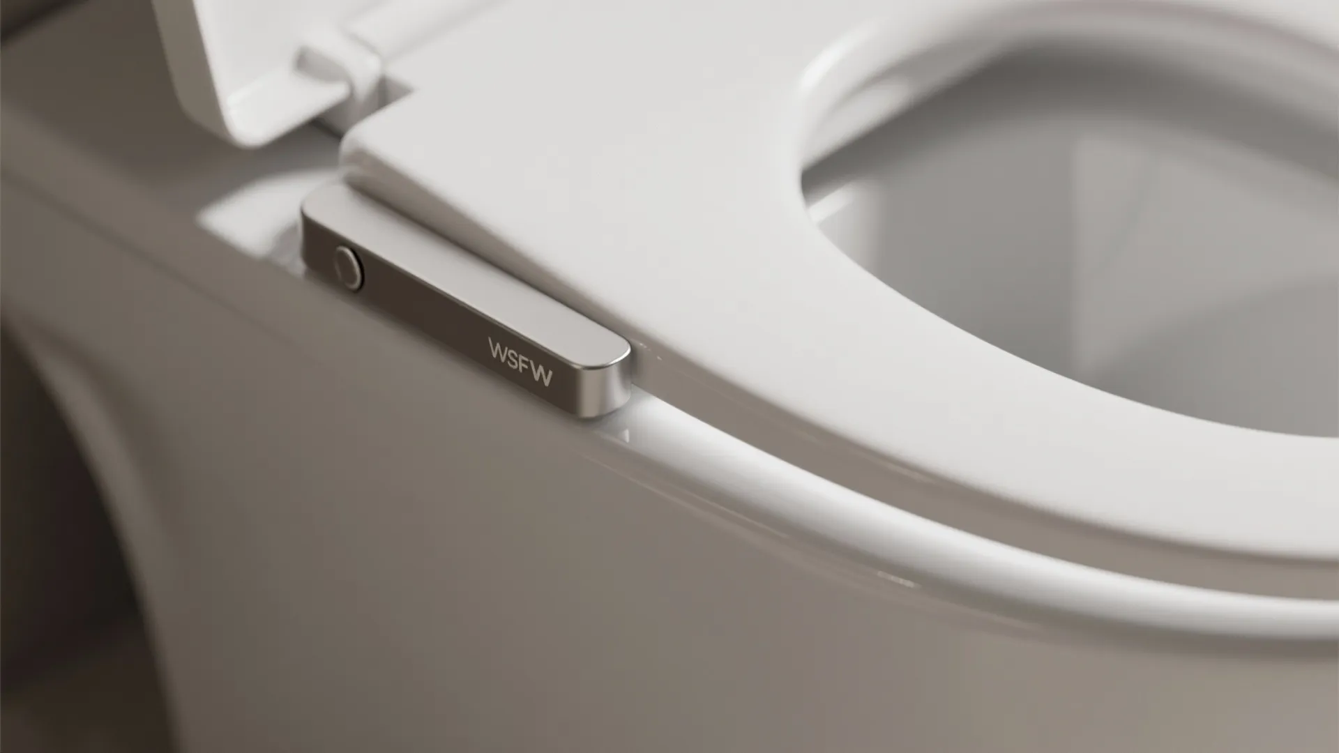 Macro of rimless compact elongated bowl with soft-close hinge detailing