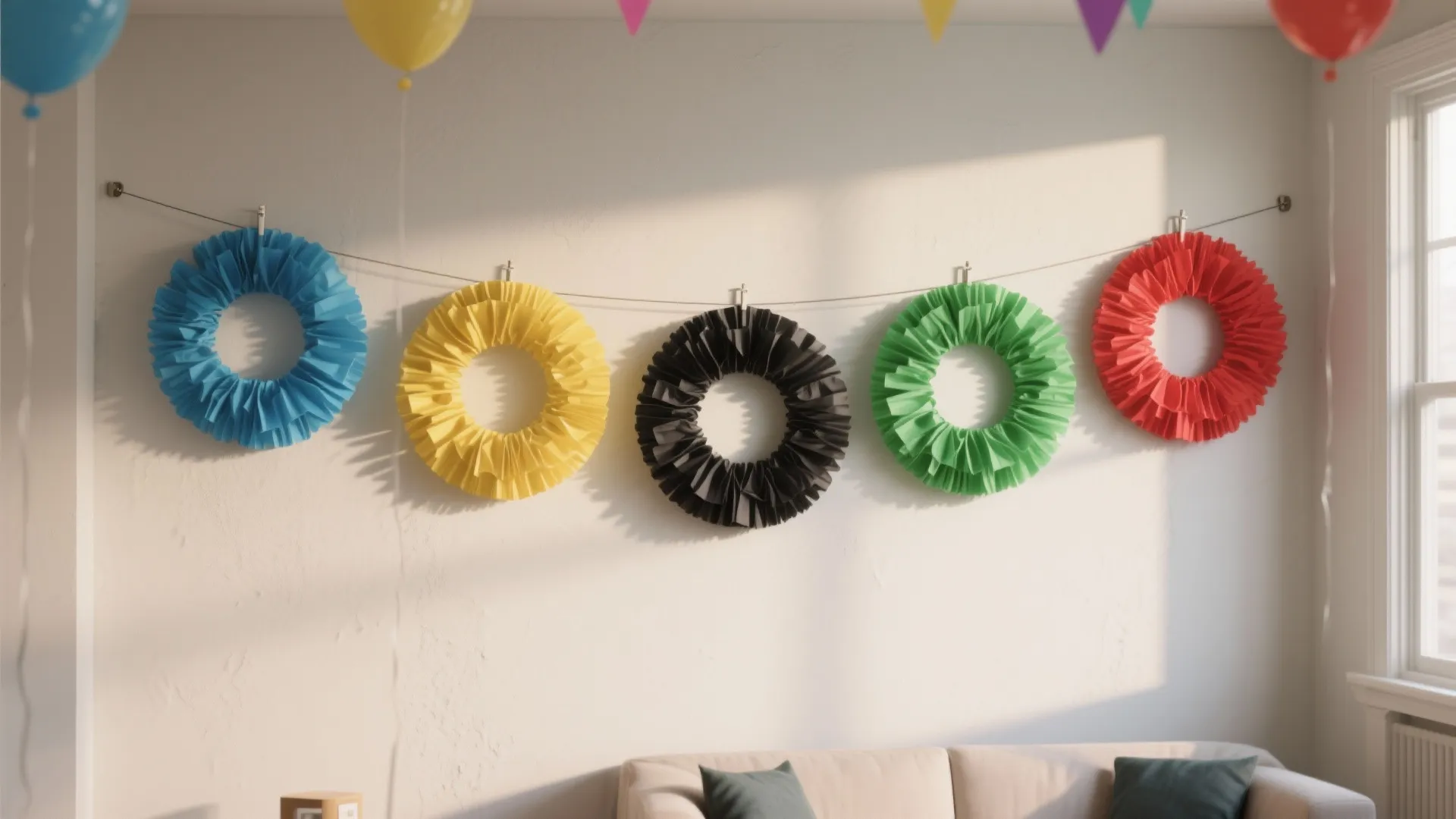 Five colorful paper rings hanging on a wall above a sofa with balloons and windows
