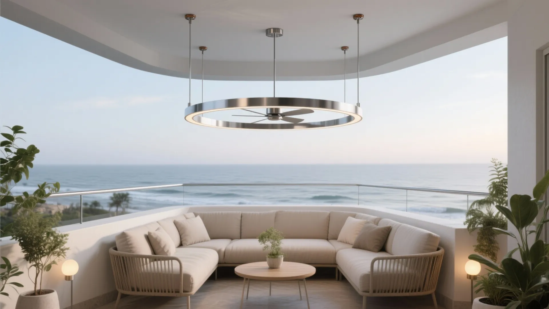 Curved outdoor sofa on balcony under large circular ceiling light with integrated fan and ocean view